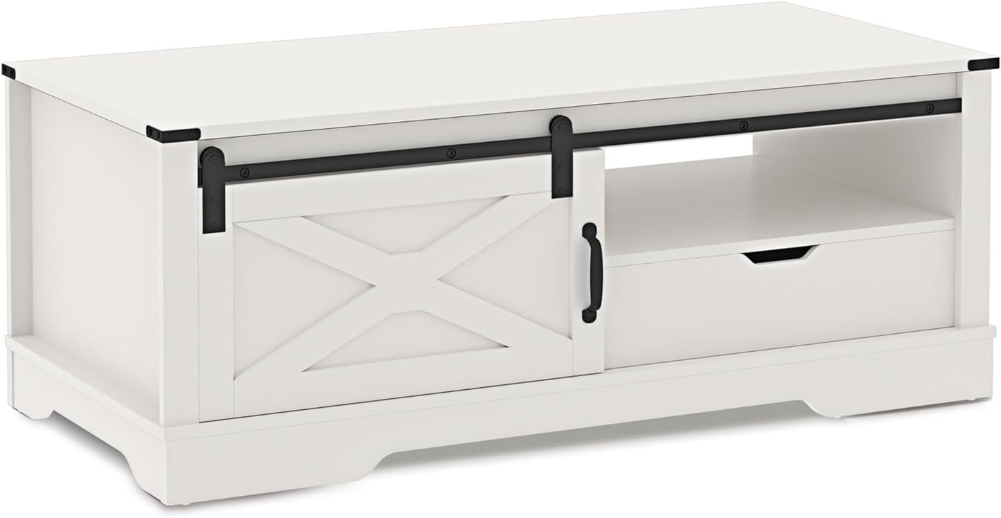 Superjoe 48" Farmhouse Coffee Table w/Storage & Sliding Barn Door Wood Rectangular Center Table w/Open Shelves for Living Room, Dark Gray
