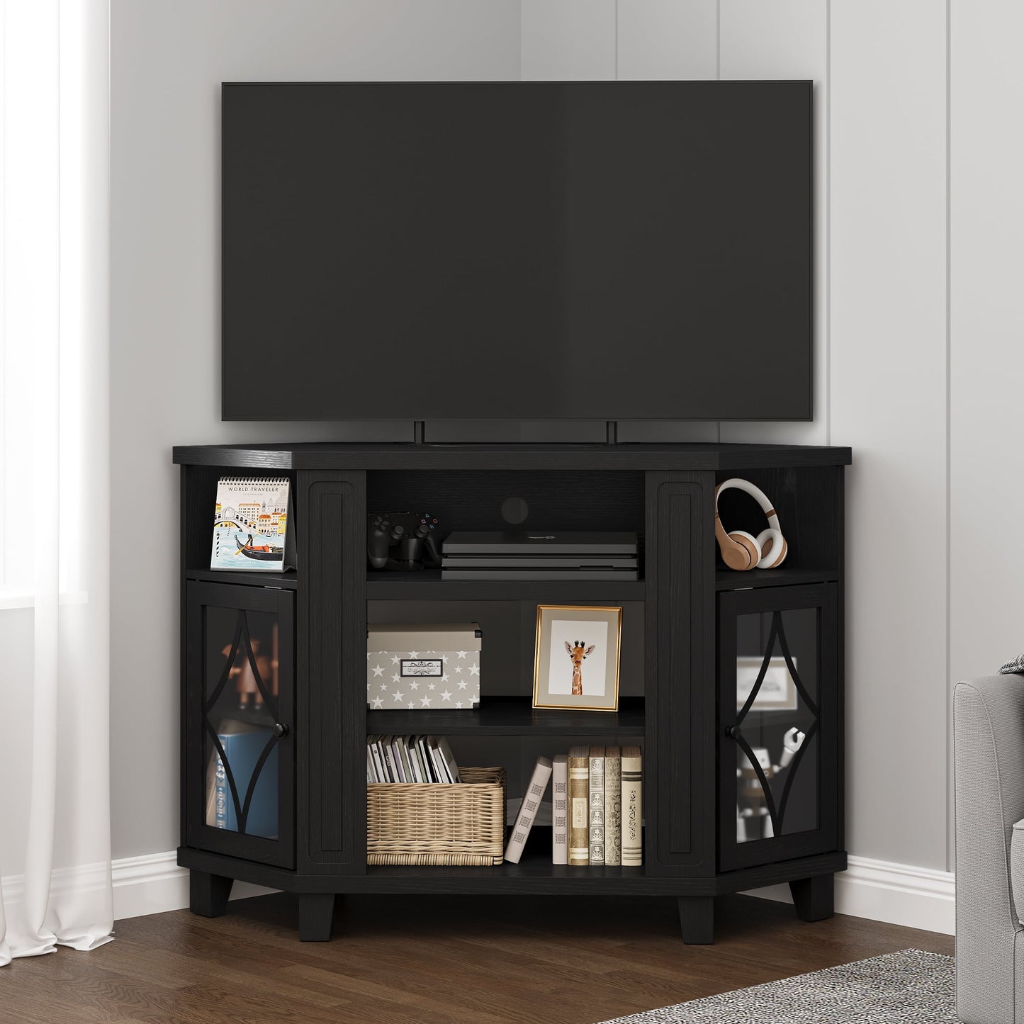 Heynemo Corner TV Stand with Adjustable Shelves and Acrylic Doors, TV Cabinet for Living Room, Bedroom