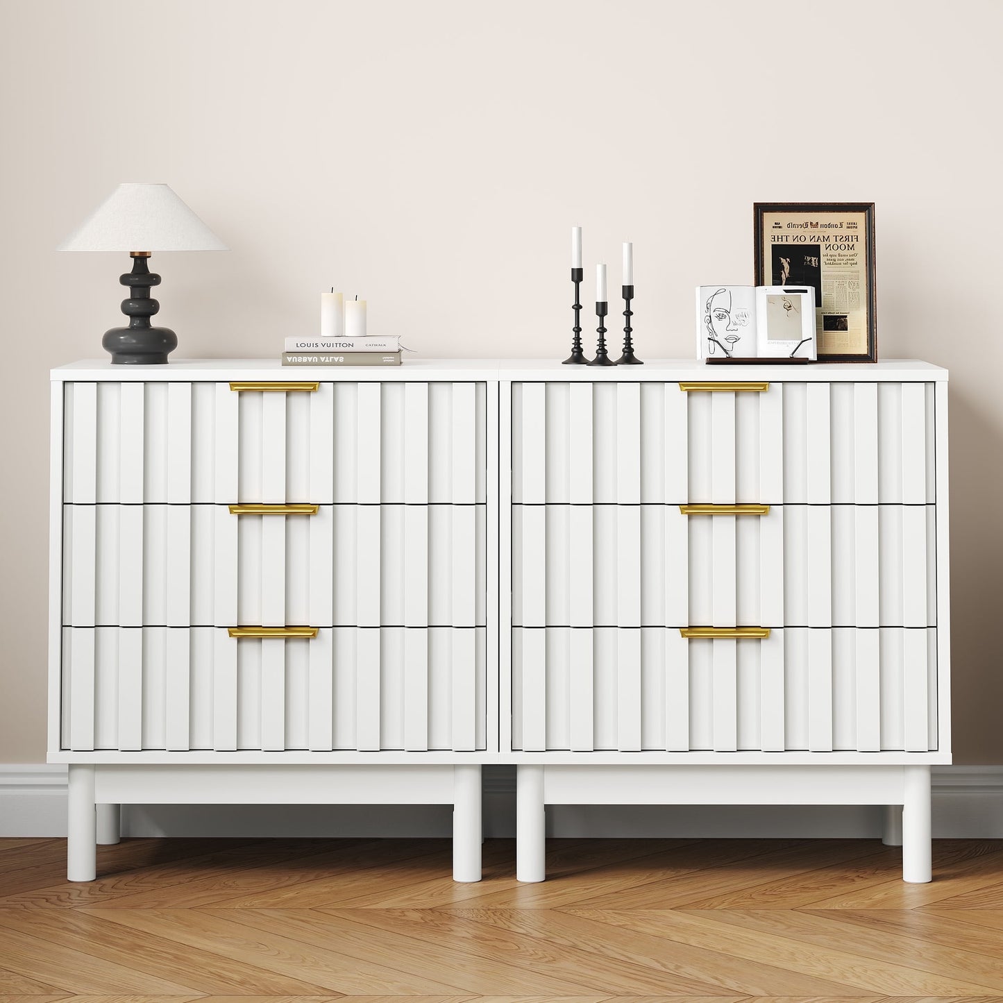 May in Color Fluted 3 Drawer Dresser Set of 2, Wood Closet Organizer for Bedroom, Living Room, Entryway, White