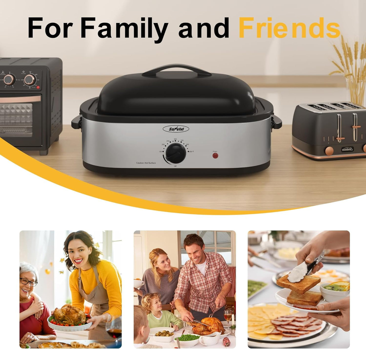 Superjoe 14QT Electric Roaster Oven with Self-Basting Lid, Removable Pan and Rack, Stainless Steel, Silver