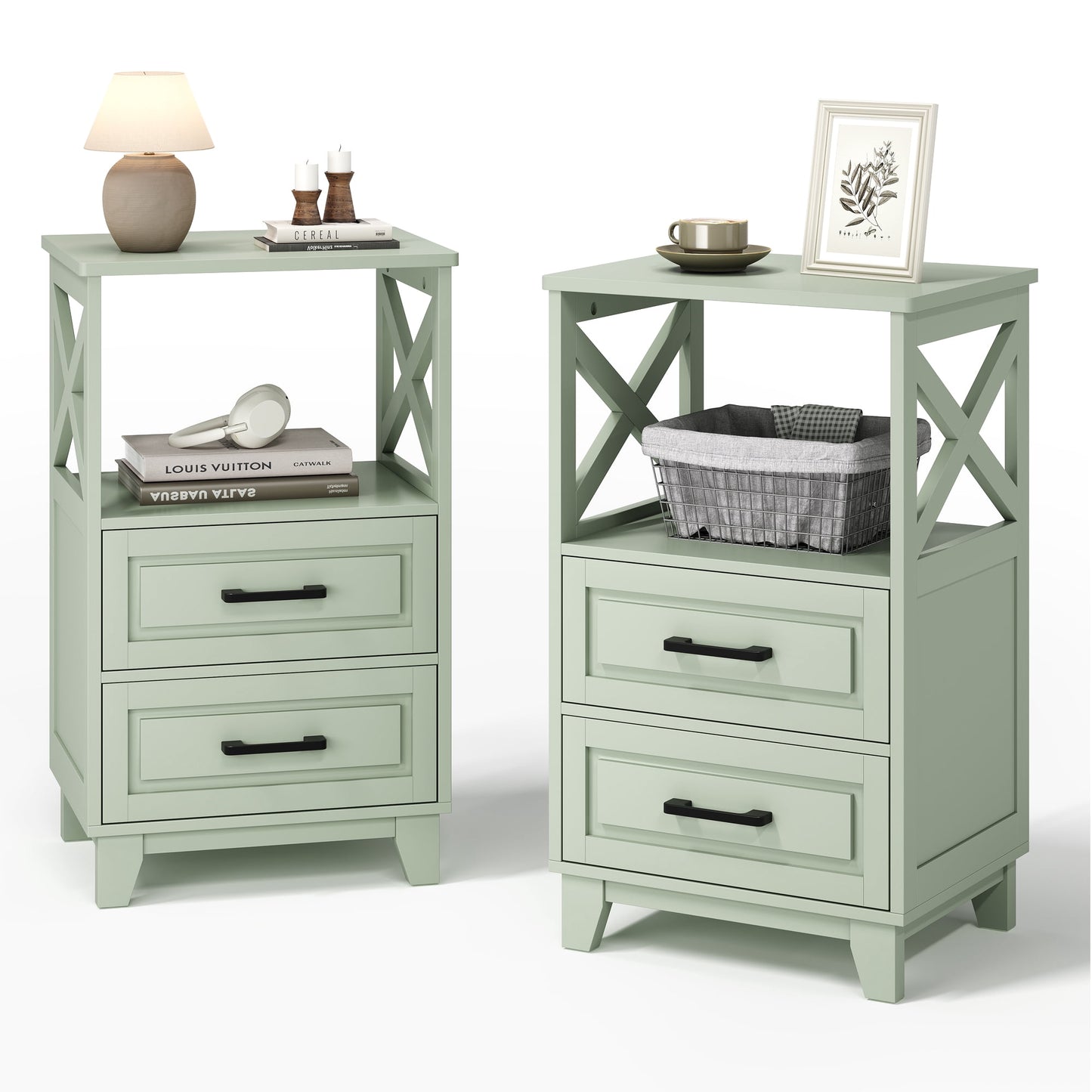 May in Color Tall Nightstand Set of 2 with 2 Drawers and Open Shelf Above, Ideal for Bedroom, Living Room, Home Office