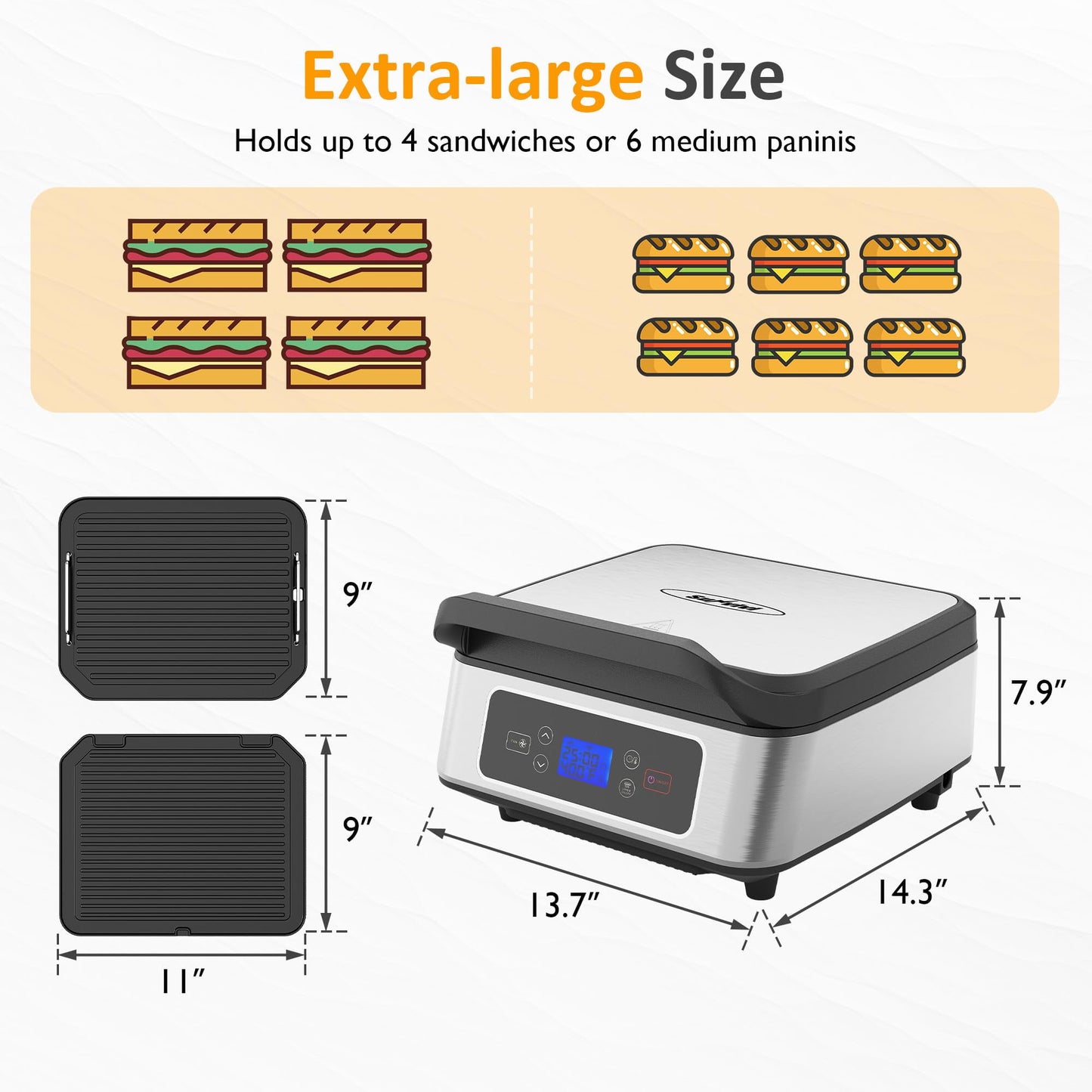 Sunvivi 1300W Smokeless Indoor Grill, Electric Panini Press Sandwich Maker with Auto-Lift, Fan, Independent Upper Heating, Smart Time & Temperature Control, Removable Non-Stick Plates