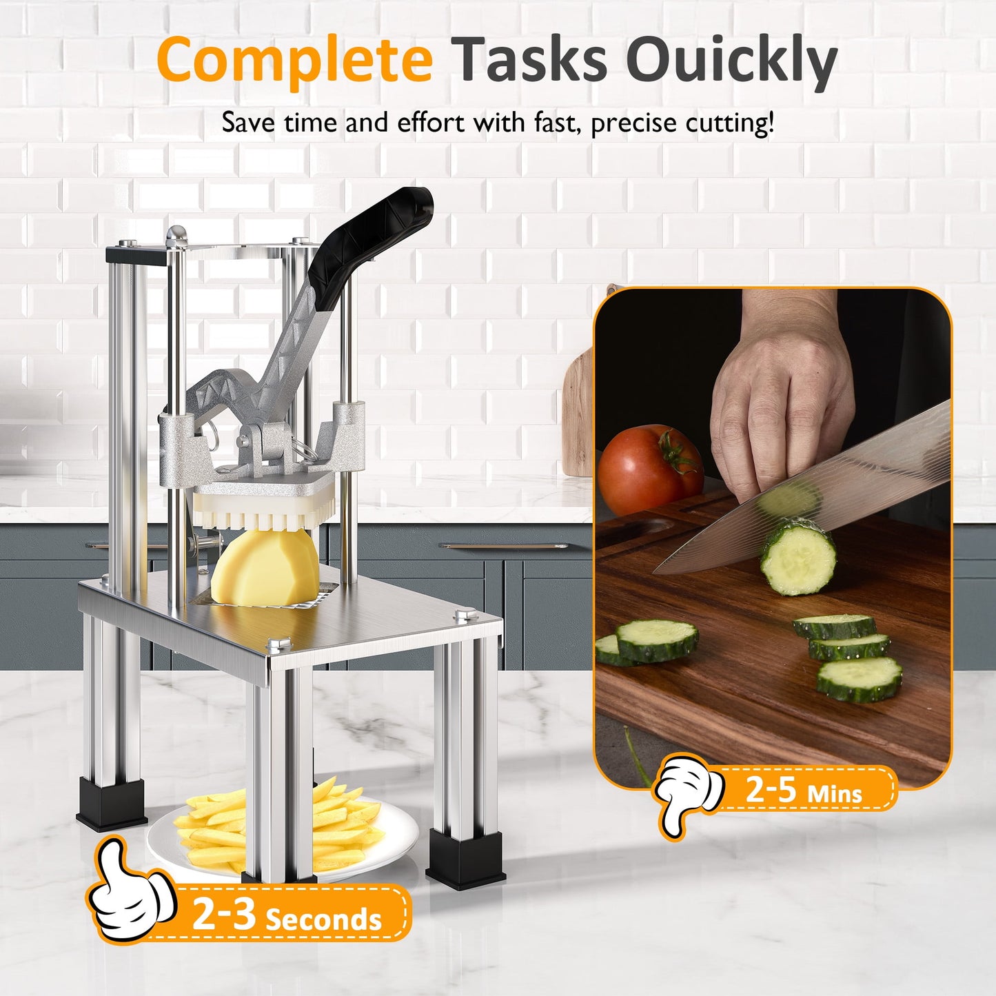 Heynemo Professional Potato Slicer, Heavy Duty French Fry Cutter with Replaceable 1/2" & 3/8" Blades, Stainless Steel Construction