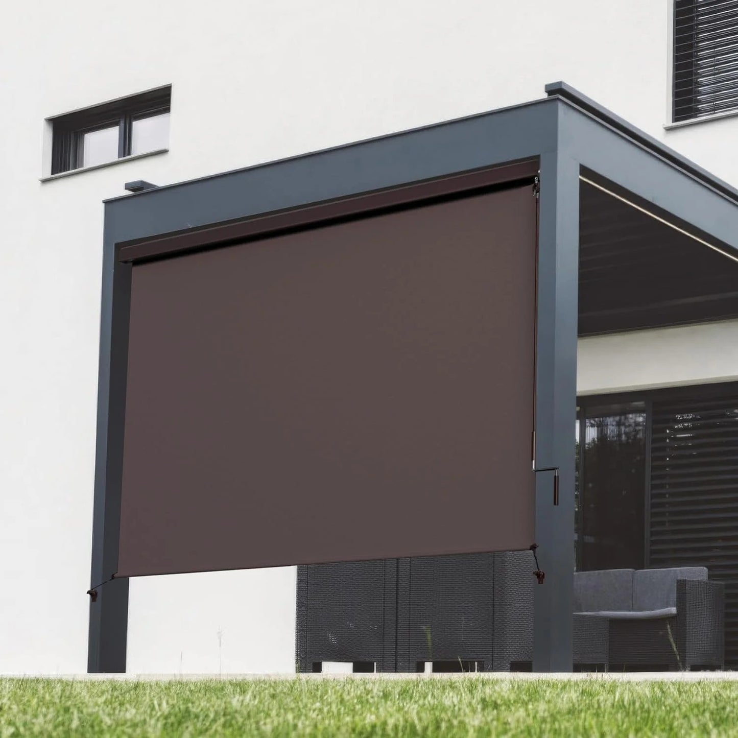 CozyHom Outdoor Roller Shades for Patio with Valance, New Material Outdoor Blinds with 95% UV Blockout, Cordless Exterior Roller Shades with Crank Handle for Balcony Patio Porch