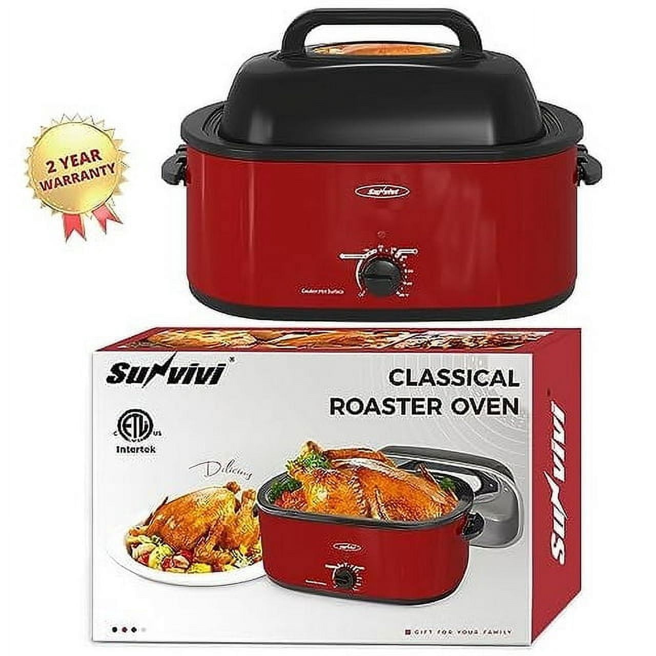 Sunvivi 26QT Electric Turkey Roaster Oven with Visible Glass Lid,Removable Pan & Rack, Stainless Steel,Red