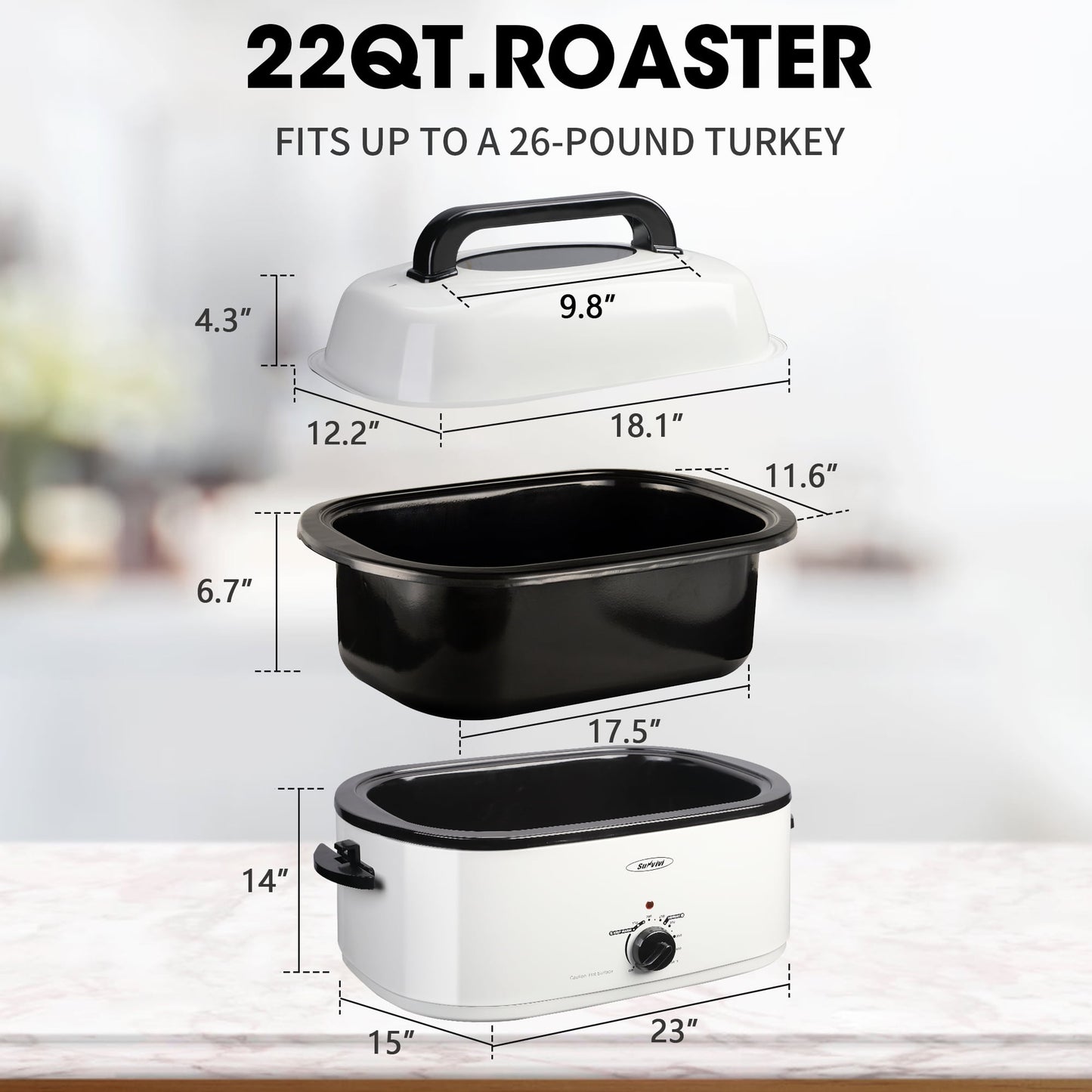 RoyalCraft 22 Quart Electric Roaster Oven with Visible & Self-Basting Lid, Stainless Steel, White