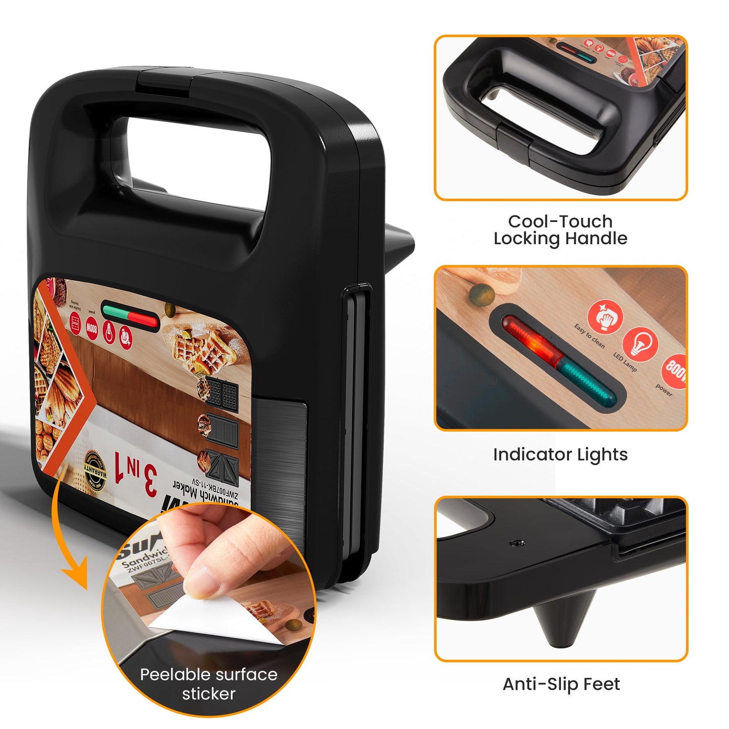 Heynemo 3 in 1 Electric Waffle, Grill & Sandwich Maker