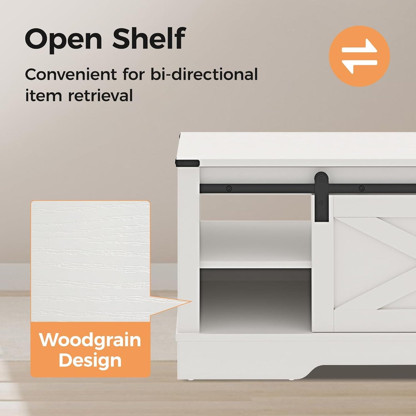 Superjoe 48" Farmhouse Coffee Table w/Storage & Sliding Barn Door Wood Rectangular Center Table w/Open Shelves for Living Room, Dark Gray