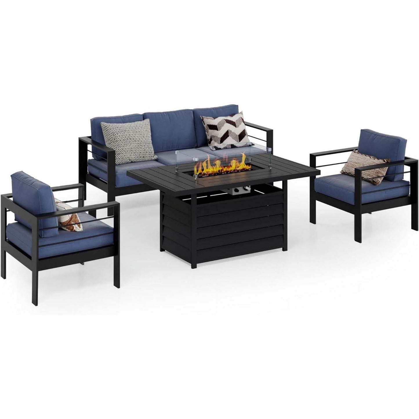 Heynemo Superjoe Outdoor Furniture Set w/CSA Certified 54in Propane Gas Fire Pit Table, 5 Seats Aluminum Patio Conversation Sofa with 5in Olefin Cover Cushions, Black/Light Gray