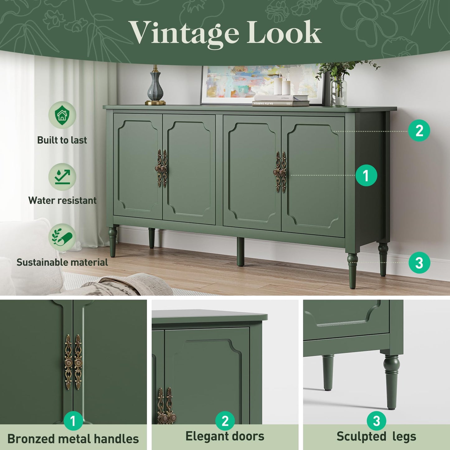 CozyHome Sideboard Buffet Cabinet with Storage, 58'' Mid Century Modern Storage Cabinet with 4 Doors and Adjustable Shelves, Accent Cabinet for Entryway, Dining Room, Living Room, Bedroom sideboard buffet cabinet with storage