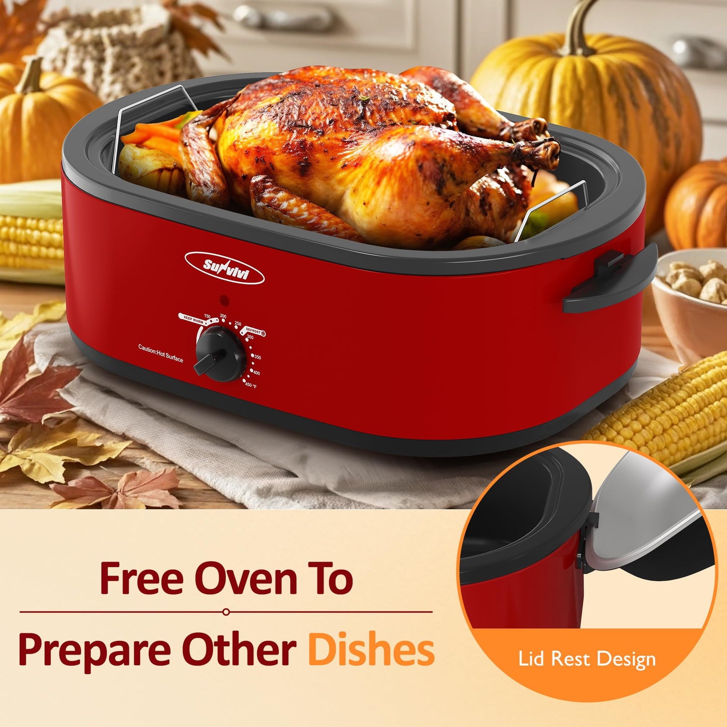 Sunvivi 20 Quart Electric Roaster Oven Turkey Roaster with Lid Electric Roasters with Removable Pan Large Roaster,Self-Basting Lid,Fast Heating & Thaw/Warming Setting,Red
