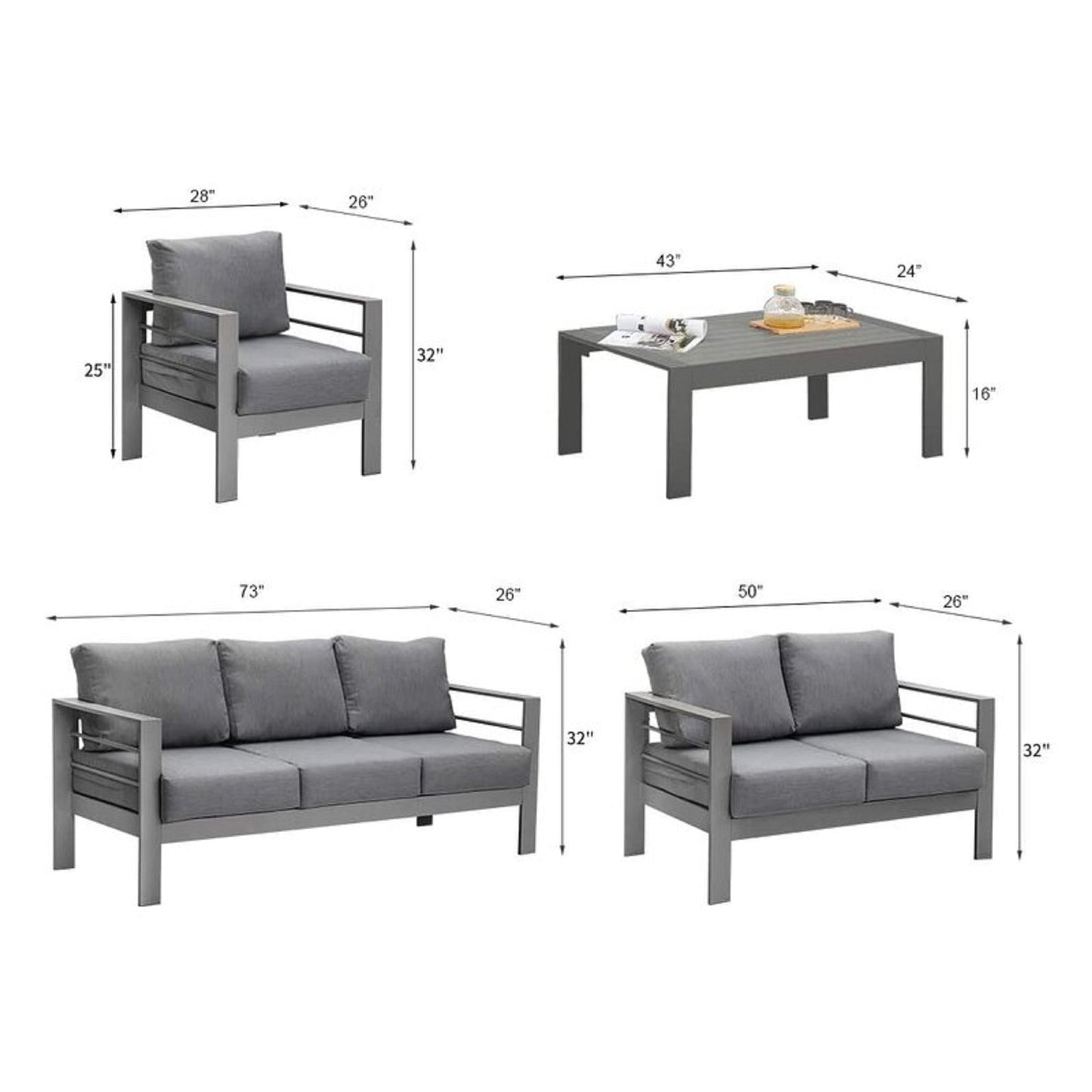 CozyHom 7 Seats Outdoor Patio Aluminum Sofa Furniture Sets Modern Patio Sectional Conversation Couch Sets Sectional Sofa Chairs with Table and Cushions, Gray