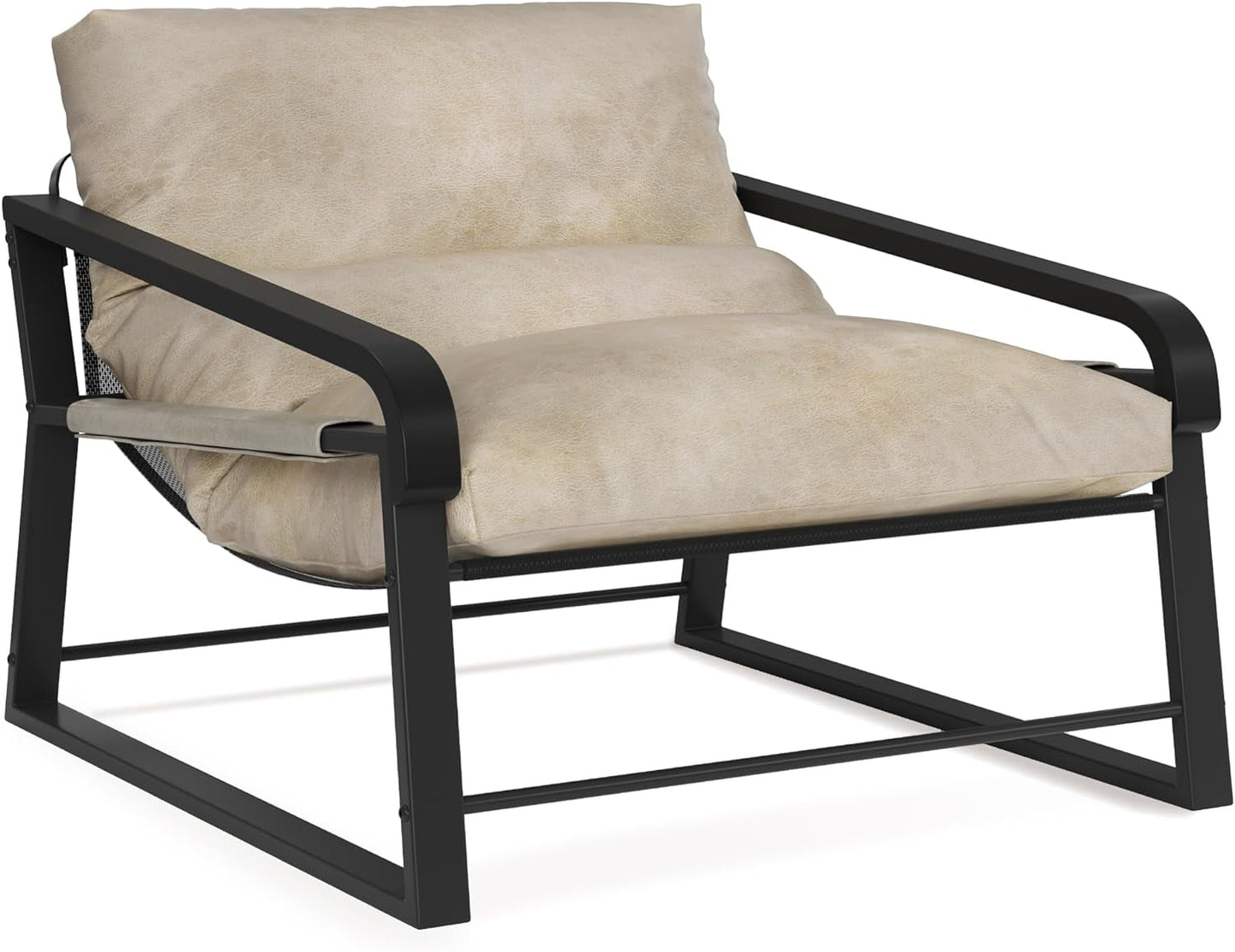 Heynemo Superjoe Modern Accent Chair with Wider Wood Armrest, Mid-Century Faux Leather Sofa Chair with Removable Cushion for Living Room Home Office, Beige