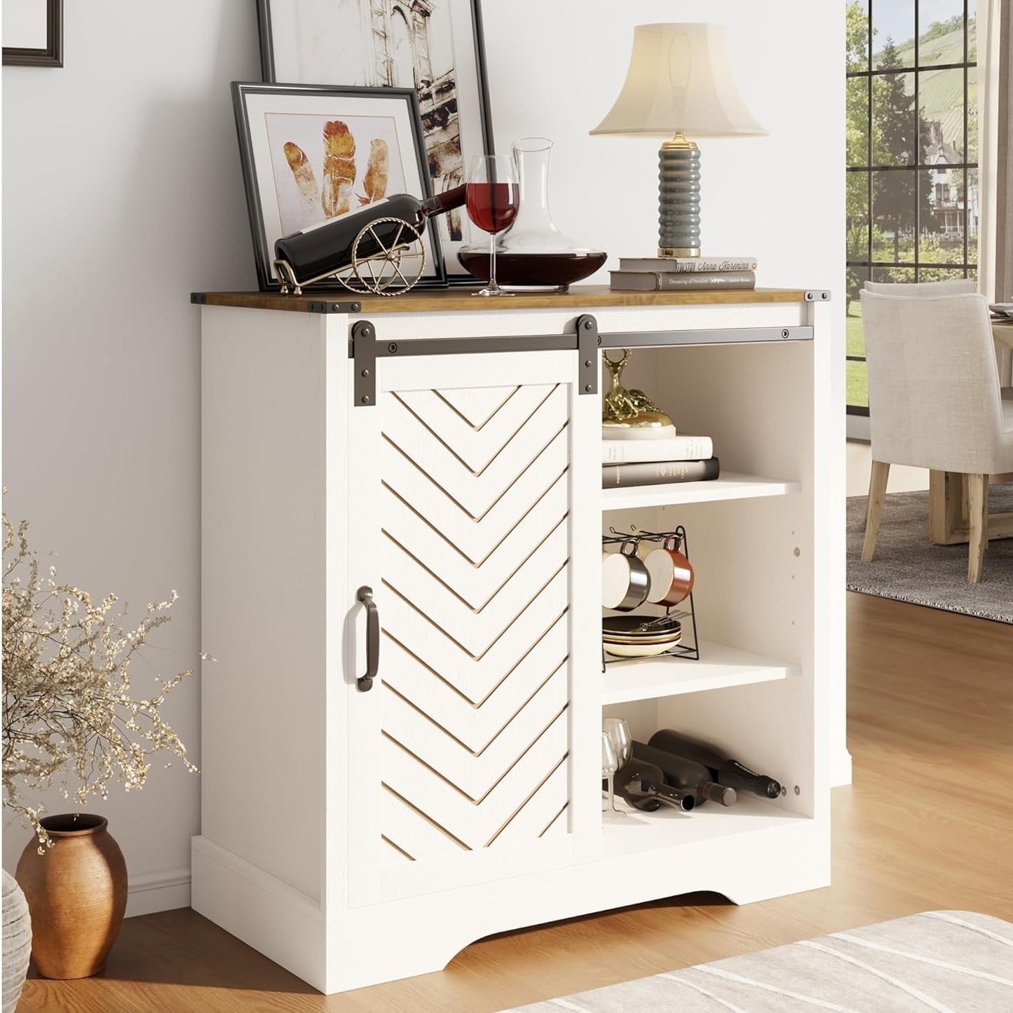 Heneymo Superjoe Buffet Storage Cabinet, 33" Farmhouse Coffee Bar Cabinet w/Sliding Door, Wooden Sideboard Rustic Cabinet Table for Dining Room Living Room Entryway, Light Gray
