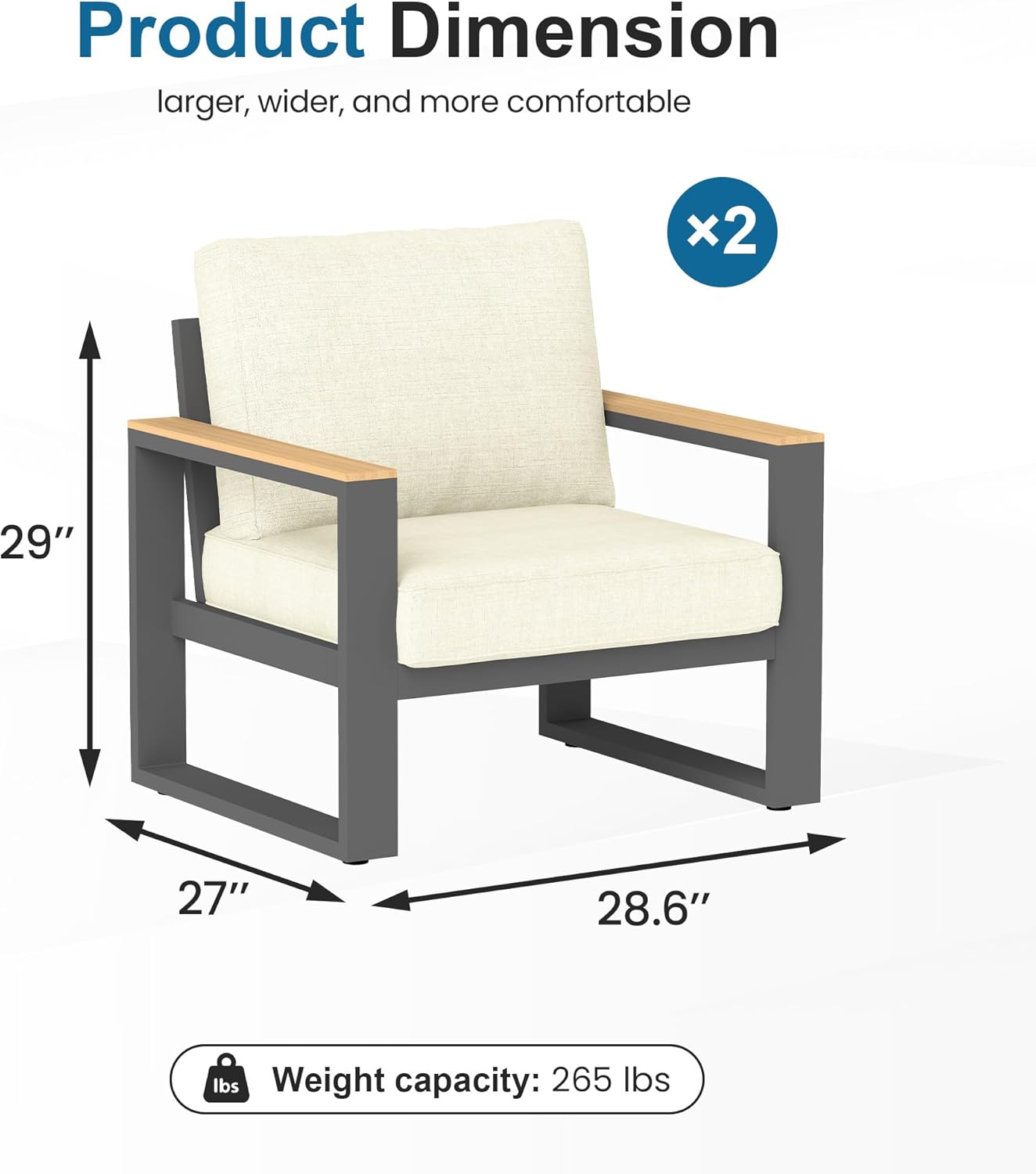 Heynemo Aluminum Outdoor Armchair, 2 Pieces All-Weather Metal Patio Single Sofa, Patio Conversation Set for Porch Backyard Garden, Beige