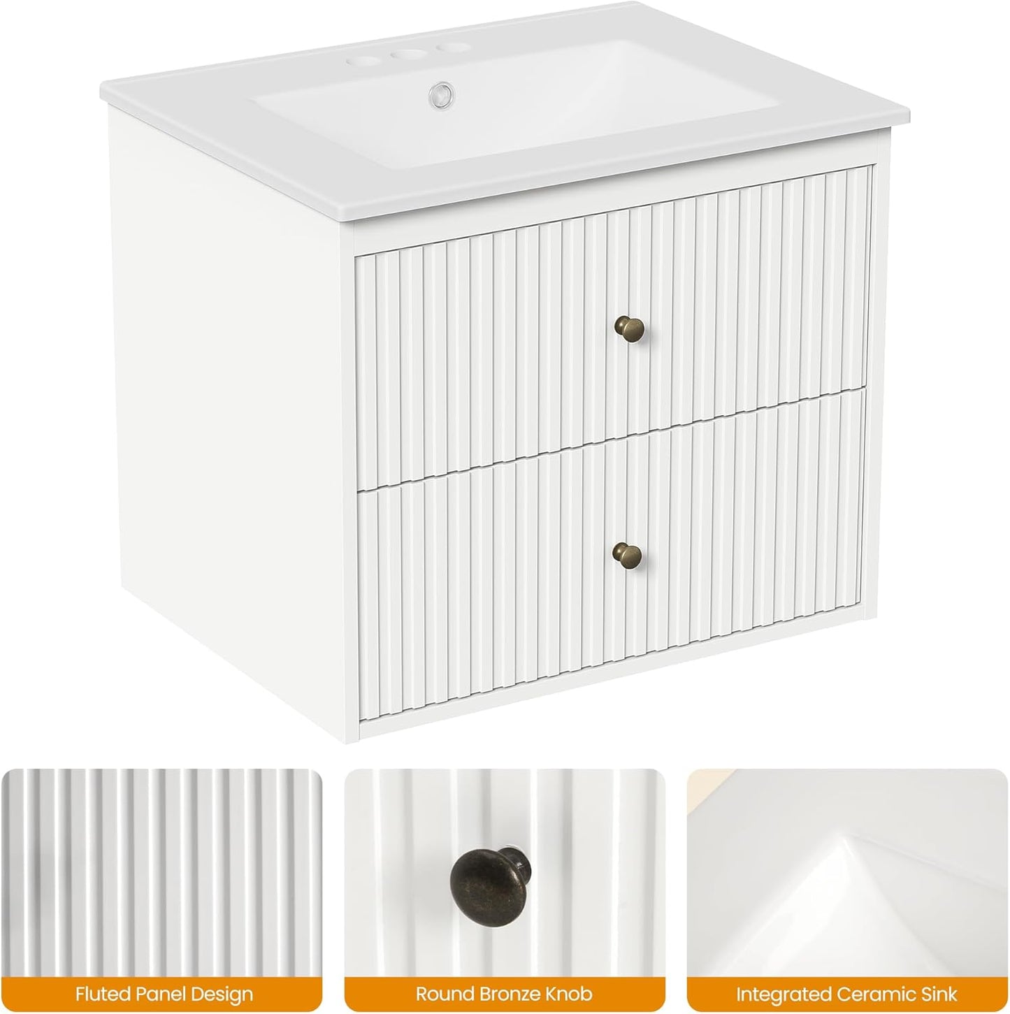 Royalcraft 24'' Bathroom Vanity with Sink, Floating Bathroom Vanity Sink Cabinet with 2 Fluted Drawers, Wall Mounted Bathroom Storage Cabinet with Sink Combo Set, White