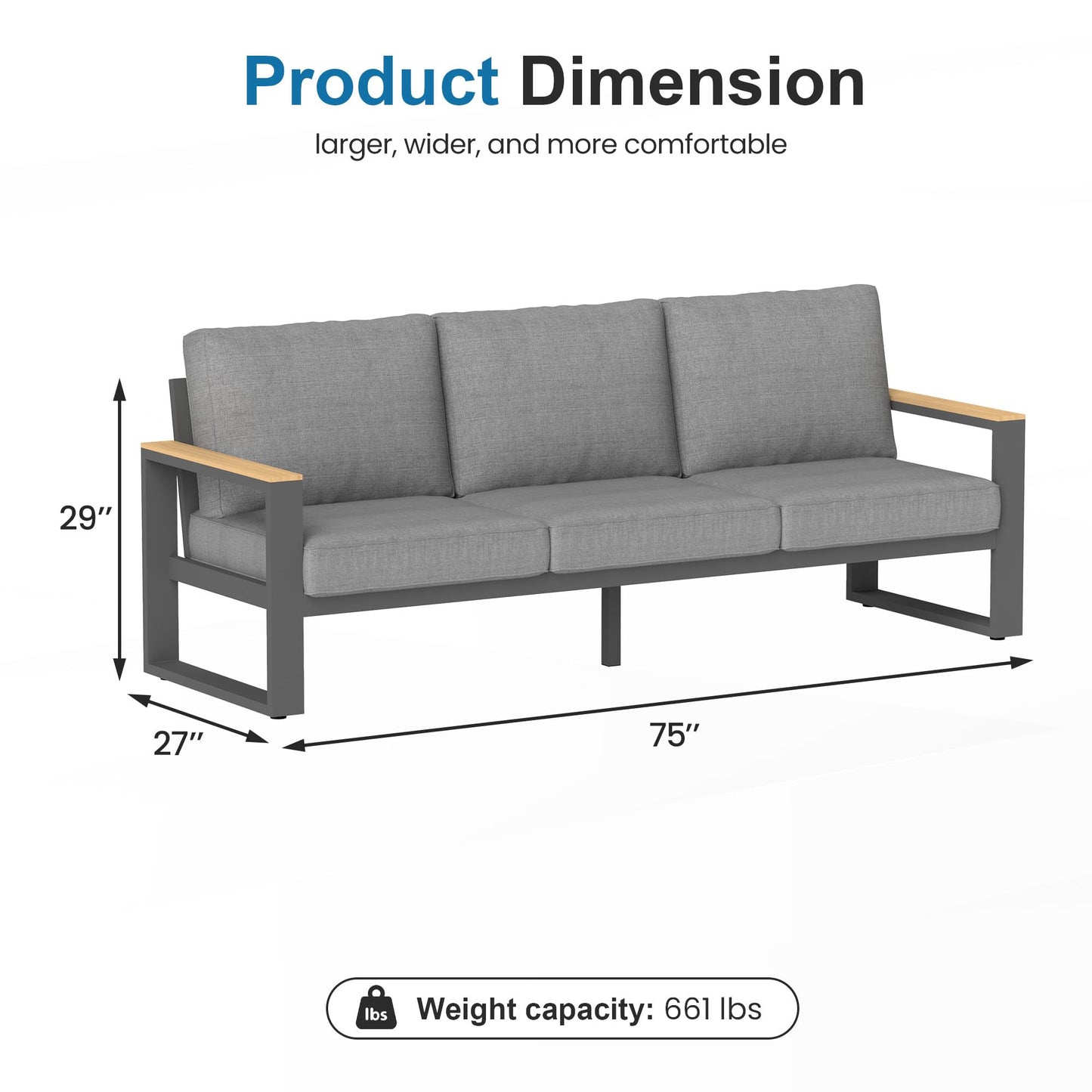 Heynemo Aluminum Outdoor Couch, All-Weather Metal Patio 3-seat Sofa with Soft Thick Cushions, Patio Sofa Couch for Porch Backyard Garden, Grey