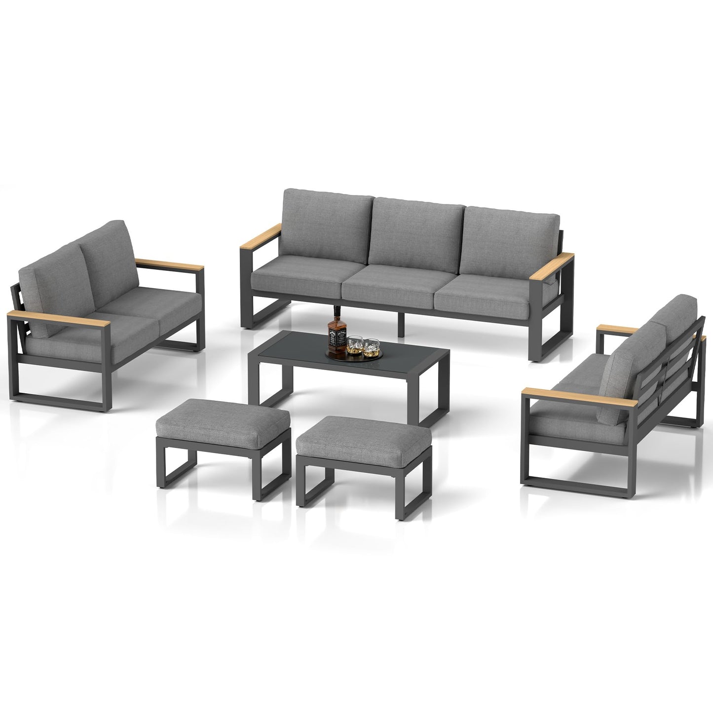 Aluminum Outdoor Patio Furniture Set with Height-adjustable Footrest for Lawn Porches Patio, 7 Piece All-weather Patio Sofa Sets with Coffee Table & Ottomans, Outdoor Patio Conversation set, Grey