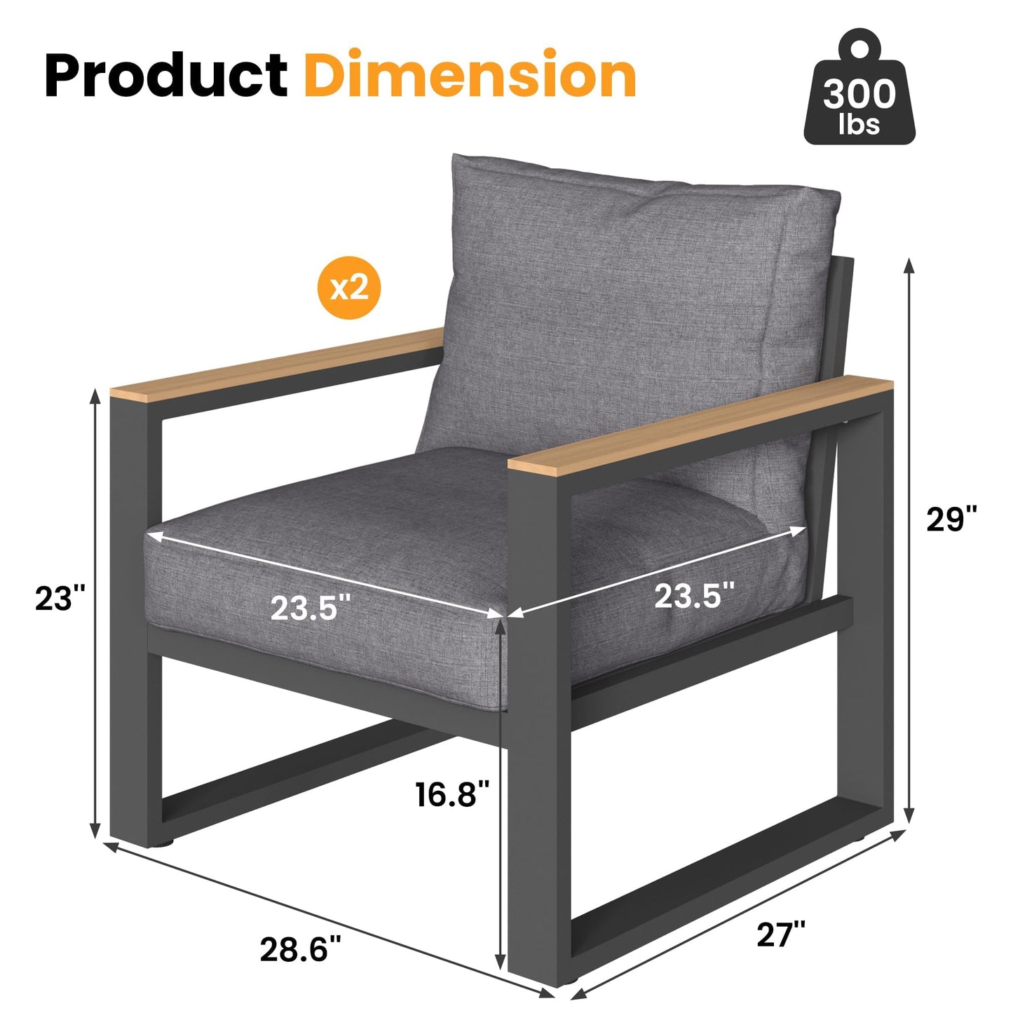 Heynemo Aluminum Outdoor Armchair, 2 Pieces All-Weather Metal Patio Single Sofa, Patio Conversation Set for Porch Backyard Garden, Grey