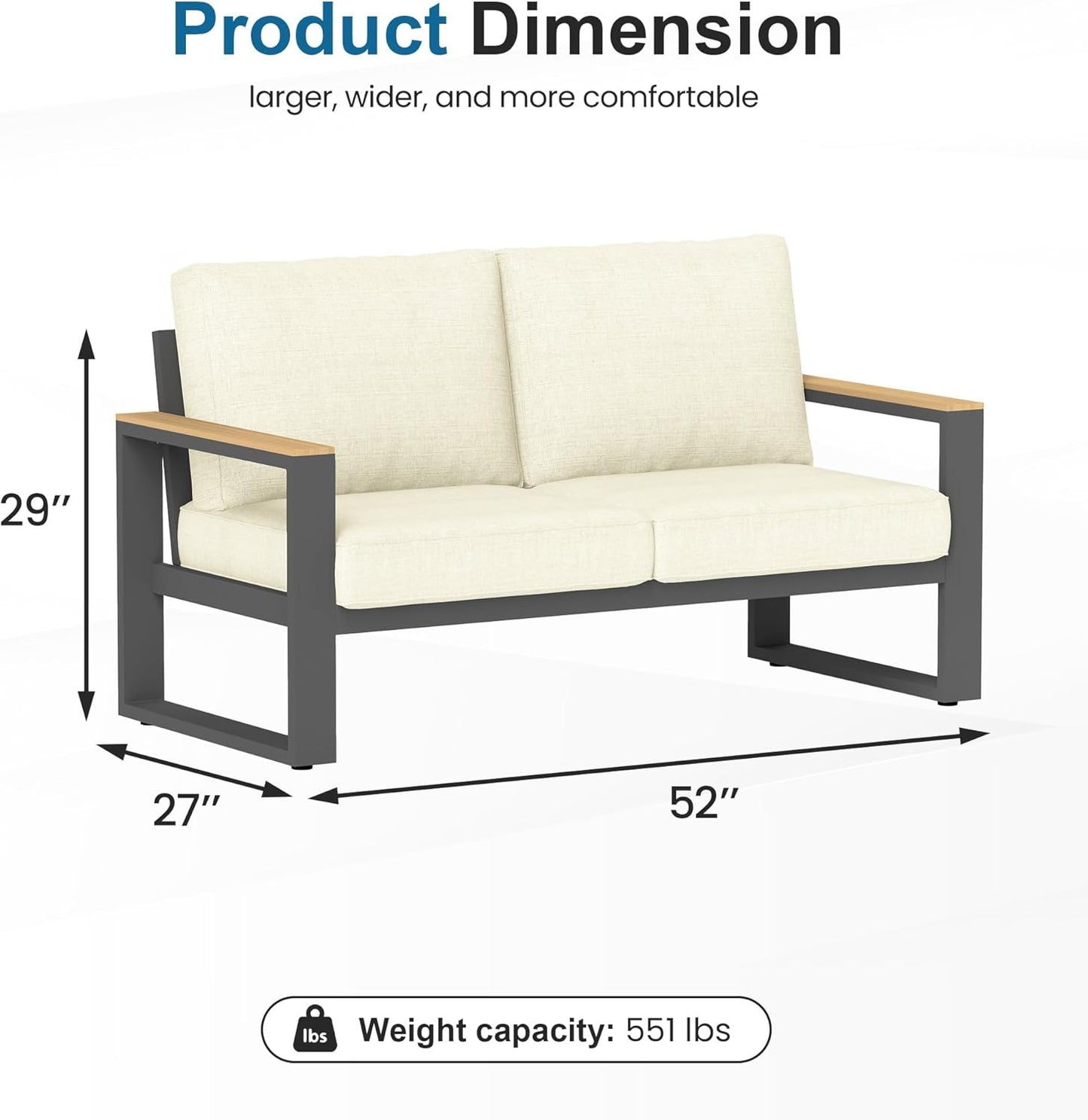 Heynemo Aluminum Outdoor Loveseat, All-Weather Metal Patio Furniture Sofa, Patio Sofa Chair for Porch Backyard Garden, Beige