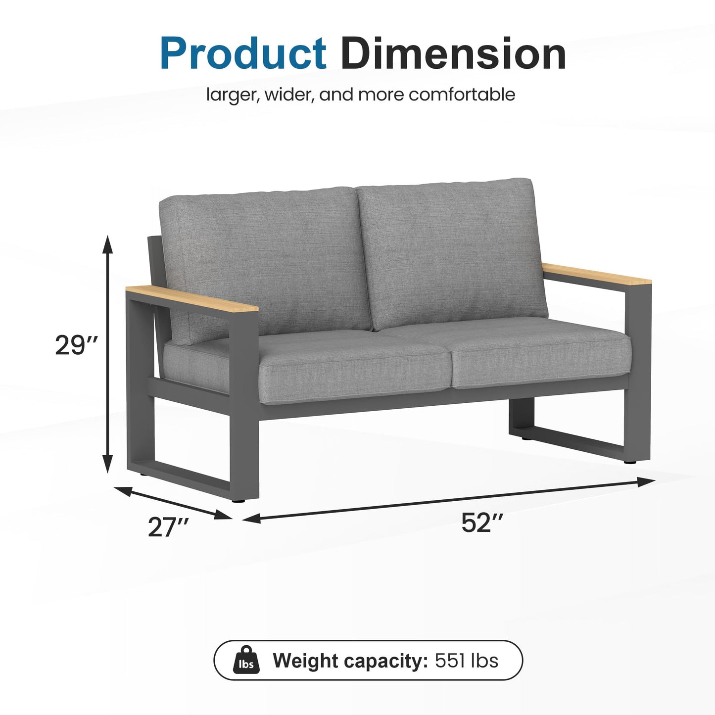 Heynemo Aluminum Outdoor Loveseat, All-Weather Metal Patio Furniture Sofa, Patio Sofa Chair for Porch Backyard Garden, Grey