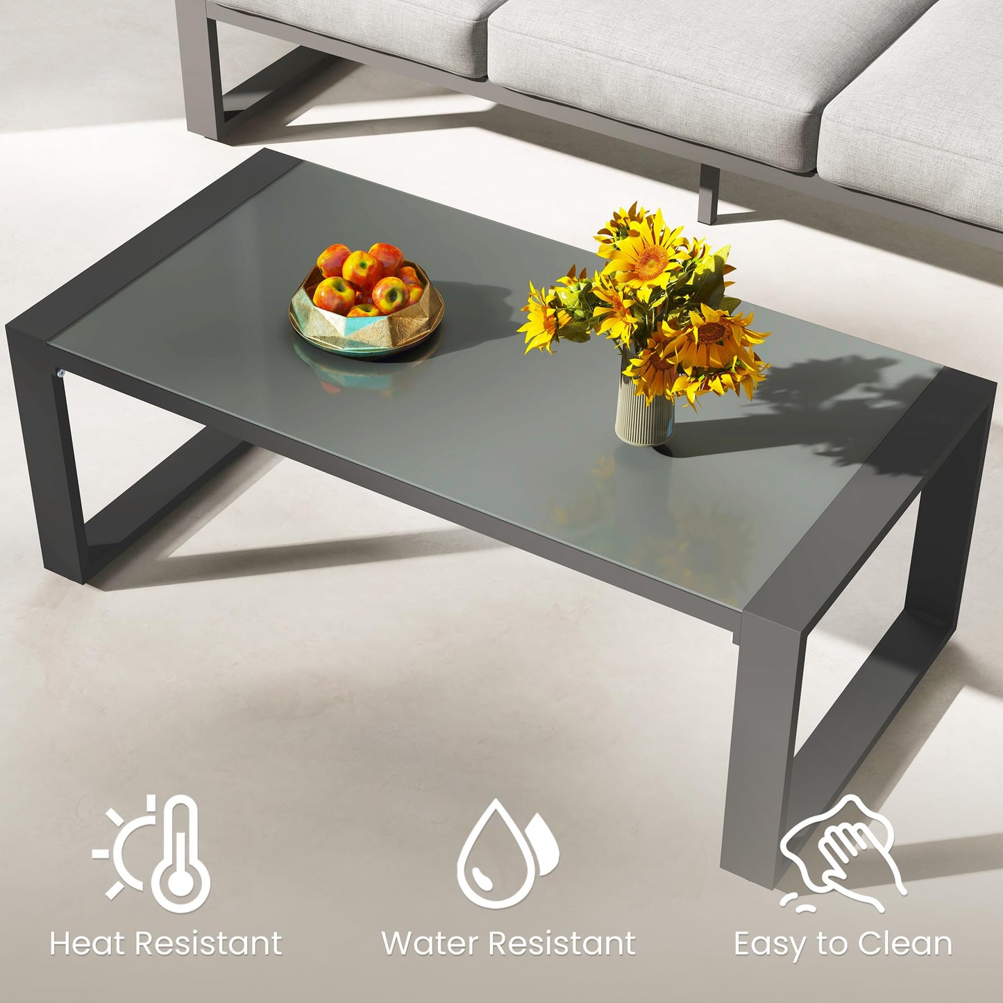 Heynemo Aluminum Outdoor Coffee Table, All-Weather Metal Rectangular Patio Side Table with Tempered Glass Top, Patio Tables for Porch Backyard Garden, Grey