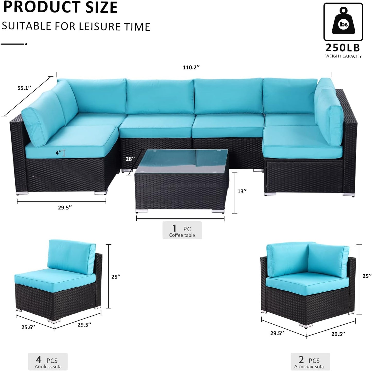 Outdoor Patio Furniture Set, 7 Pieces Outdoor Sectional Sofa Set All-Weather Rattan Conversation Set with Table, Blue