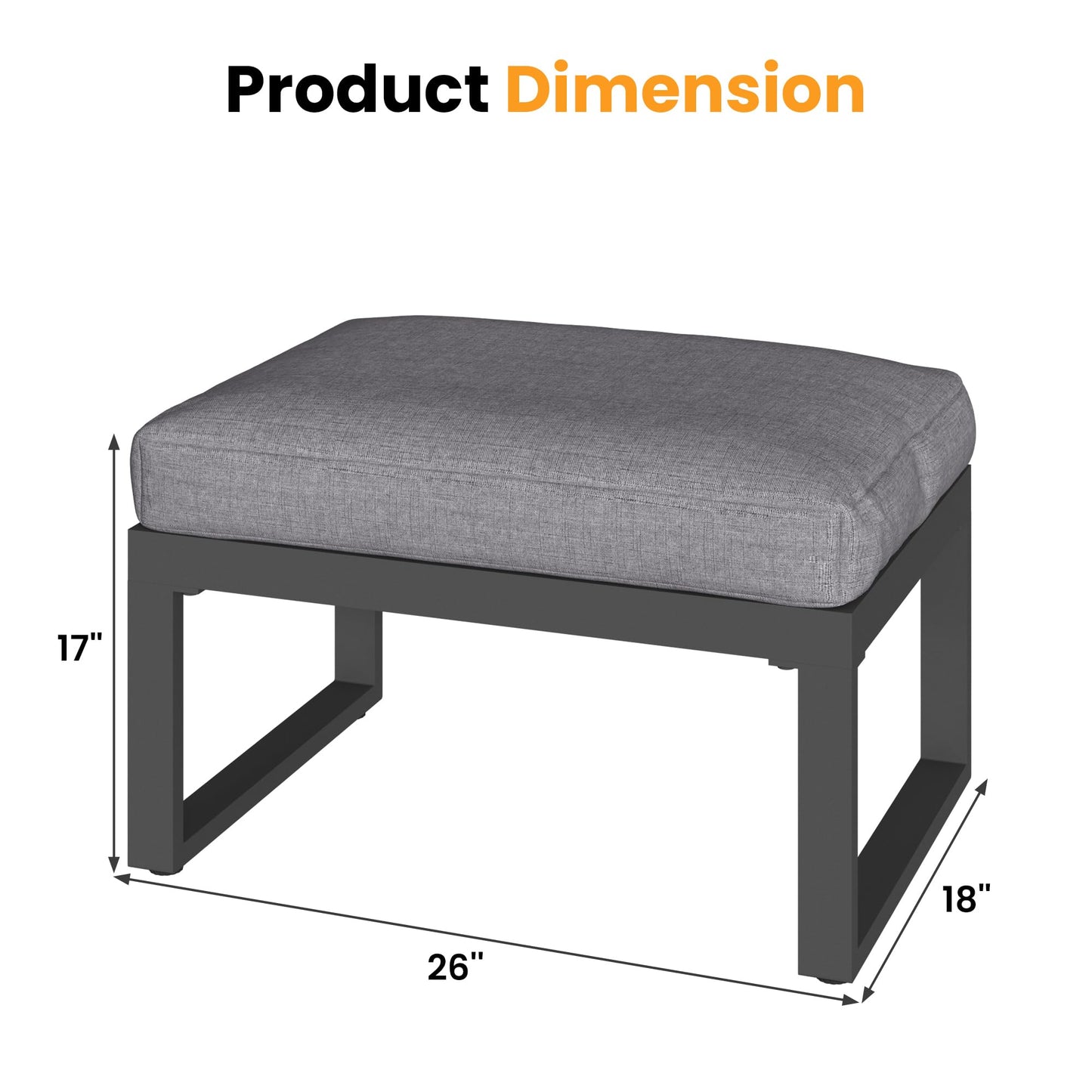 Heynemo 2 Pieces Aluminum Outdoor Patio Ottoman Set, Outdoor Foot Stools with Thick Cushion, Small Seat Furniture for Porch Balcony Backyard, Grey