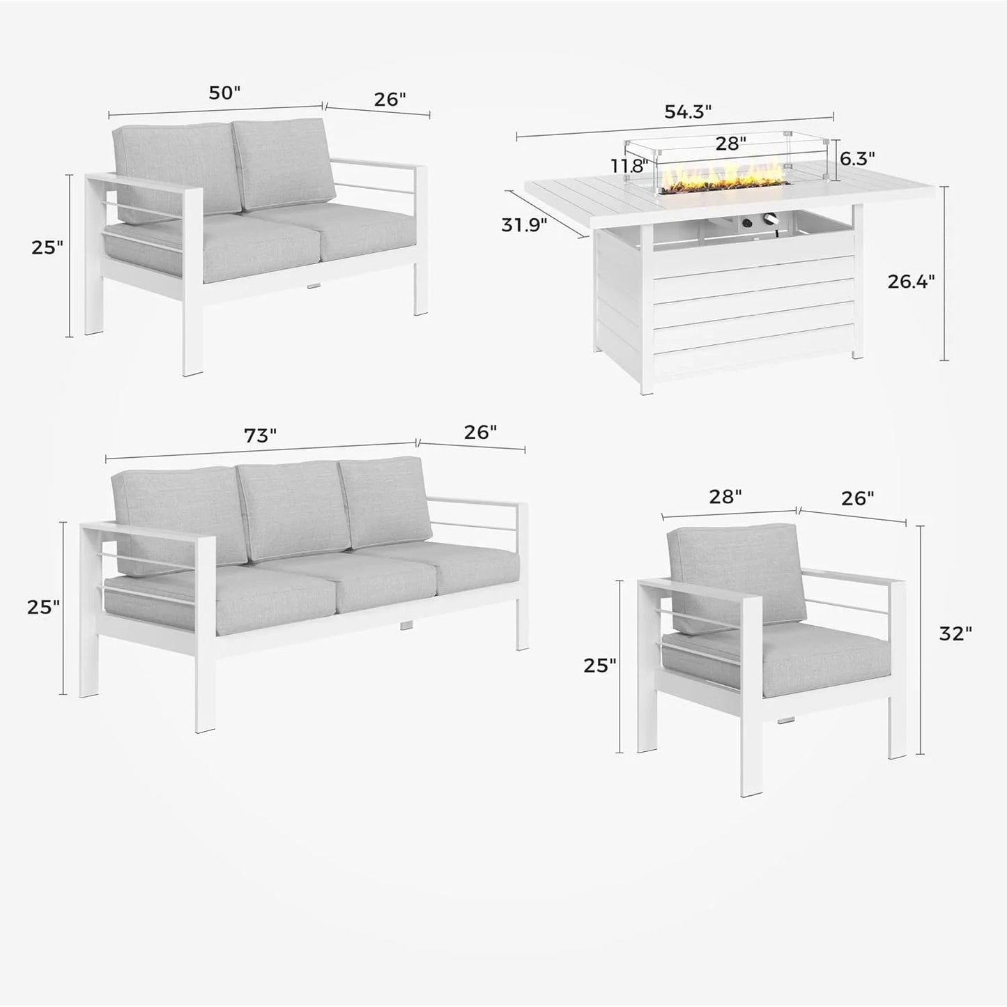 Heynemo Superjoe Outdoor Furniture Set w/CSA Certified 54in Propane Gas Fire Pit Table, 7 Seats Aluminum Patio Conversation Sofa with 5in Olefin Cover Cushions, White