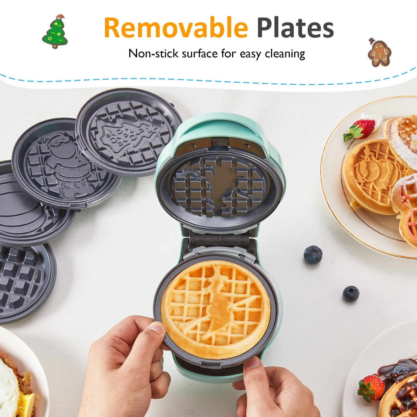 Heynemo 6-in-1 Mini Waffle Maker, 4" Waffle Iron with Nonstick Removable Plates (Santa, Christmas Tree, Witch, Pumpkin), Light Blue