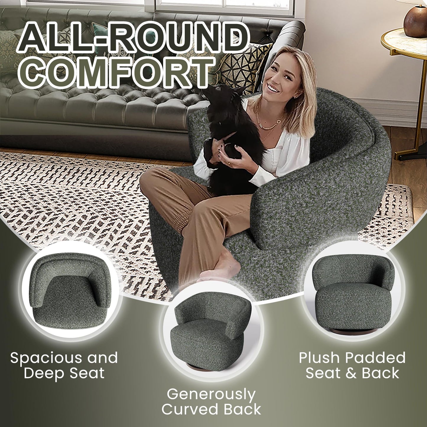 CozyHome Swivel Accent Chair, Fully Assembled Round Barrel Chairs, Oversized Upholstered Armchair with 360-Degree Base, Modern Club Chair for Living Room, Bedroom, Office, Green