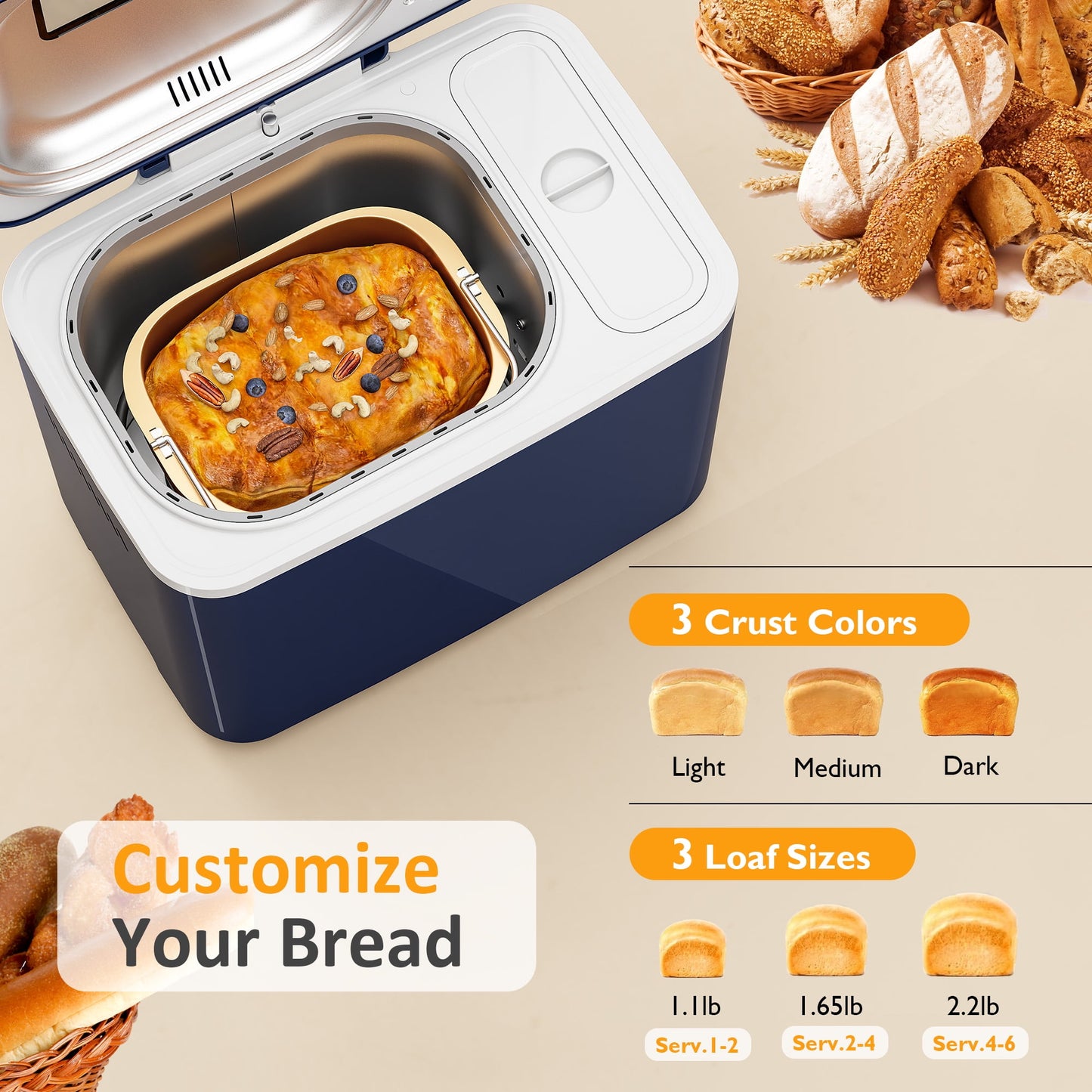 Heynemo 2.2LB Bread Maker, 21 Programs, 3 Loaf Sizes & Crust Colors, Digital Touch Panel, 15H Timer, Keep Warm Function, Blue