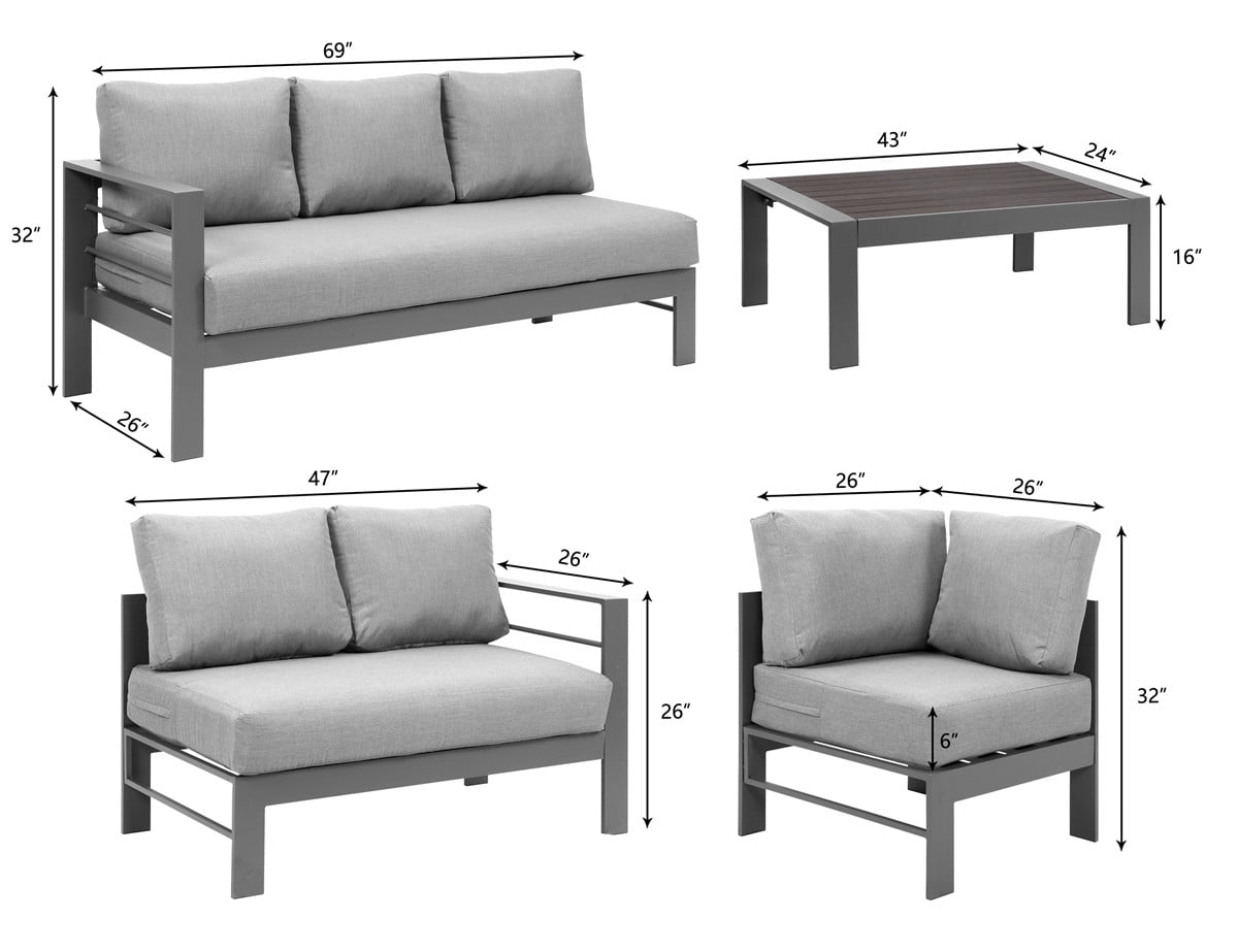 Heynemo 4 Pieces Outdoor Aluminum Furniture Set, Patio Sectional Sofa Couch - Conversation Set with Coffee Table and Sofa, Gray