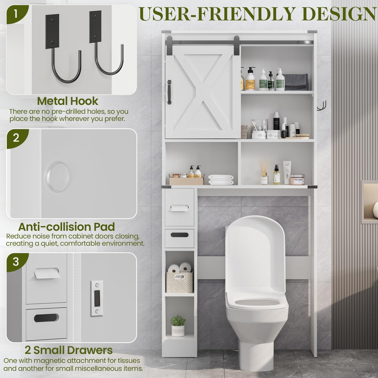CozyHome Over The Toilet Storage Cabinet, Farmhouse Storage Cabinet Over Toilet with Sliding Barn Door, Home Space-Saving Toilet Rack, Behind Toilet Bathroom Organizer for Bathroom, White