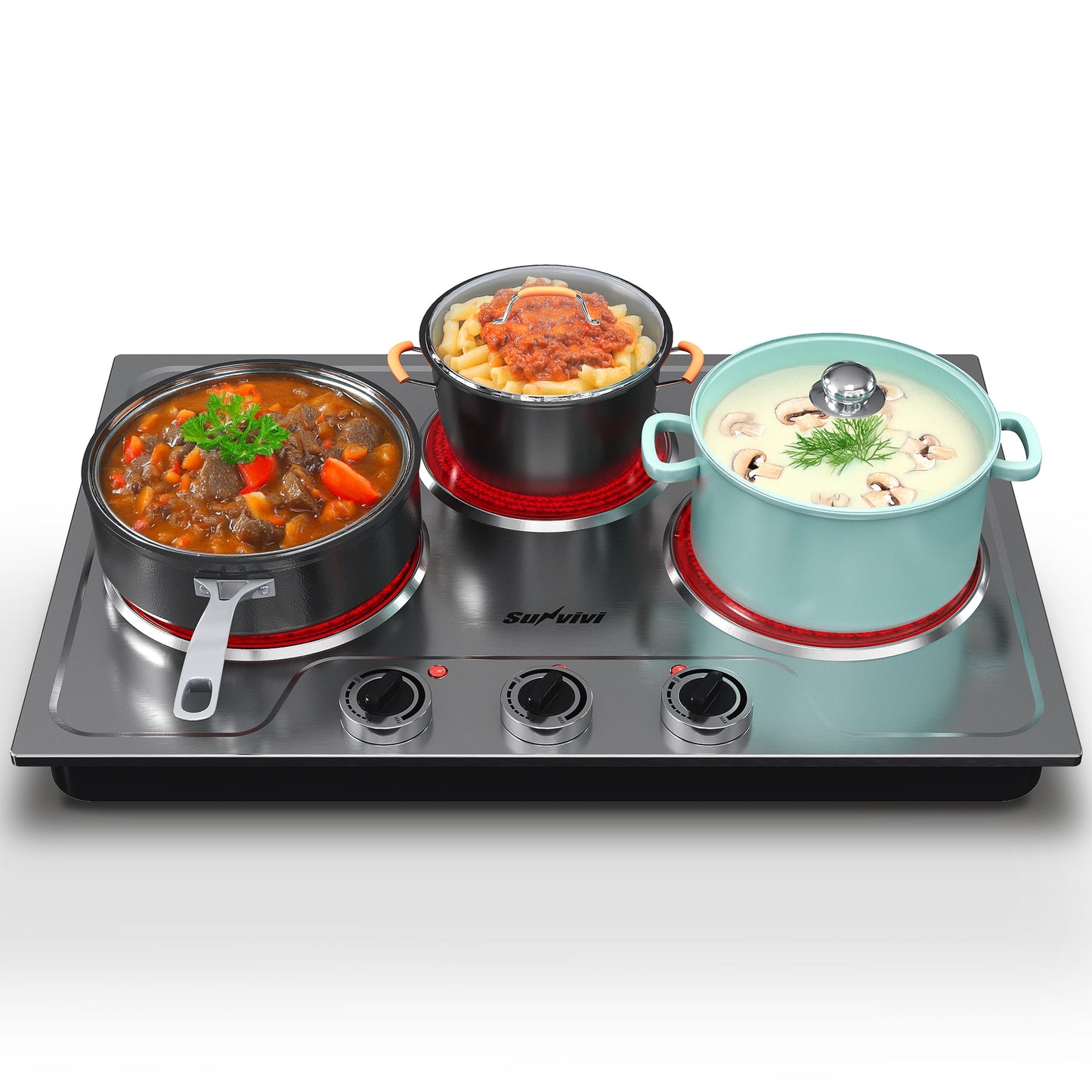 Sunvivi 1800W Three-burner portable electric ceramic stove - knob control, indicator light, compatible with all cookware, suitable for a variety of cooking scenarios, silver