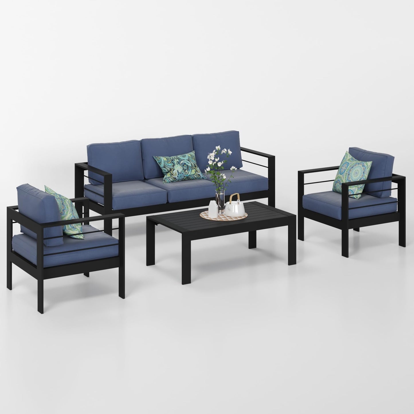 CozyHom 5 Pcs Outdoor Patio Aluminum Furniture Sofa Sets, Outside Patio Conversation Couch Sets With Table&Cushions for Garden/Porch, Blue