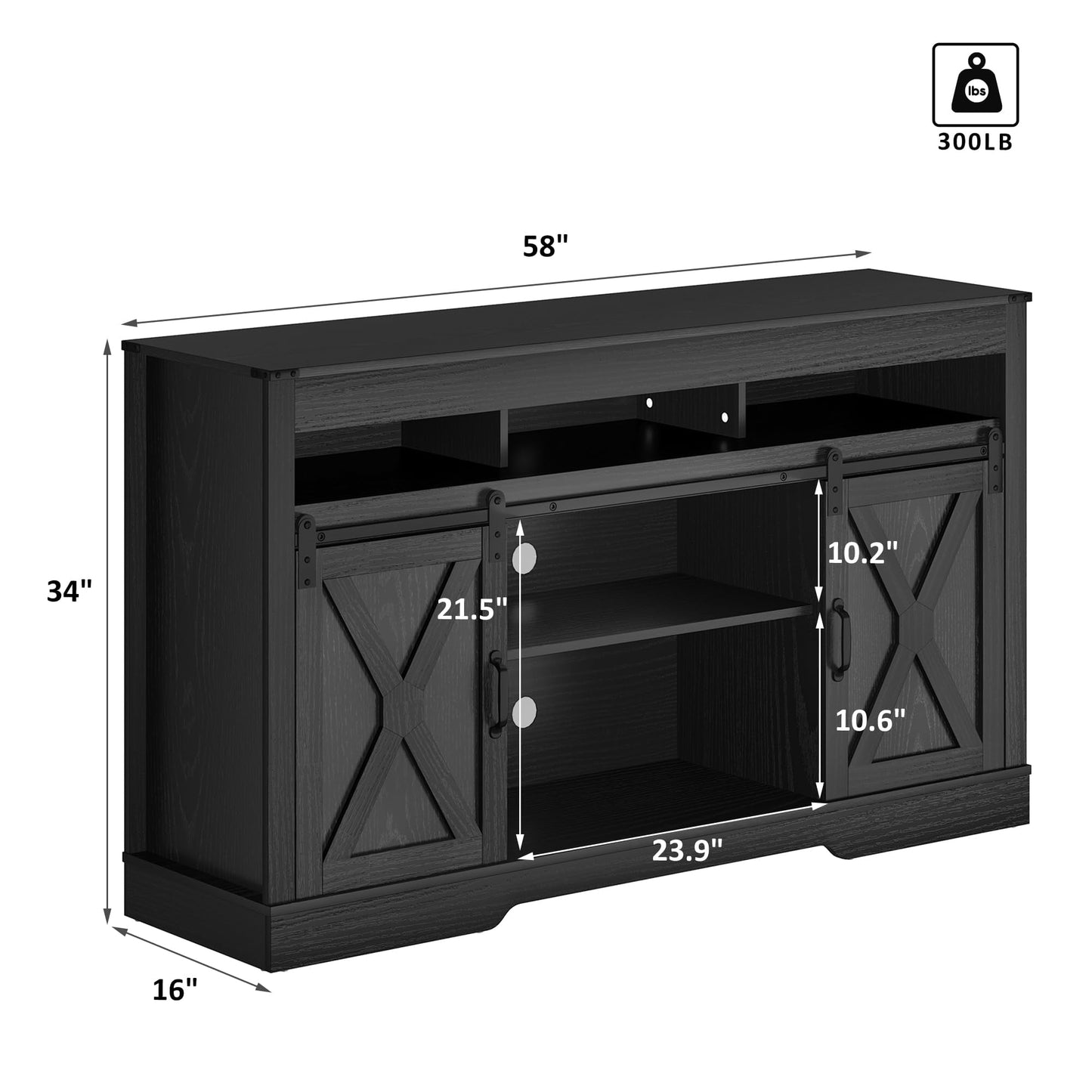 CozyHome Farmhouse TV Stand with Sliding Barn Door for TVs up to 65+ Inch, 34" Tall Entertainment Center, Wood Media Console Storage Cabinet for Bedroom, Living Room, Black