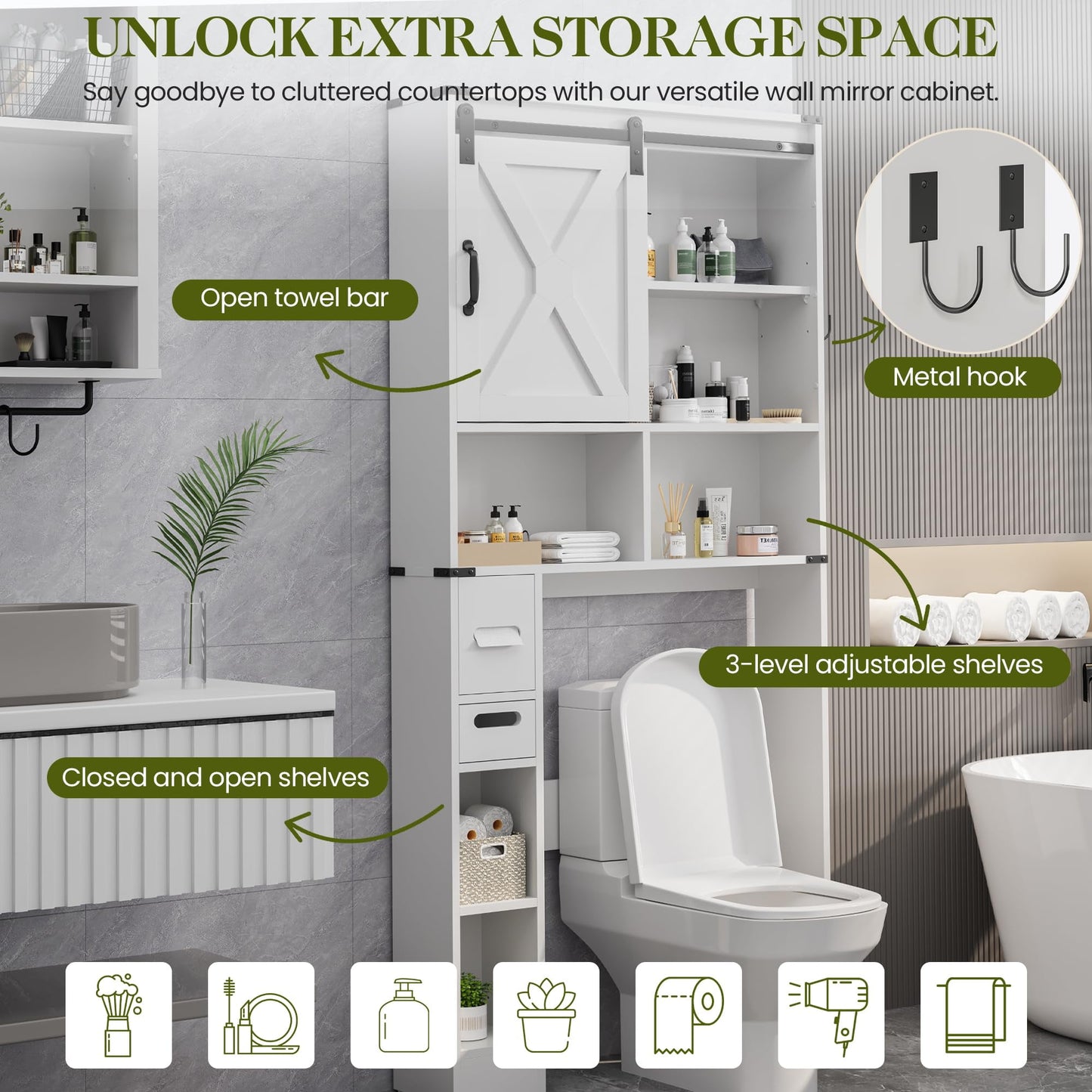 CozyHome Over The Toilet Storage Cabinet, Farmhouse Storage Cabinet Over Toilet with Sliding Barn Door, Home Space-Saving Toilet Rack, Behind Toilet Bathroom Organizer for Bathroom, White