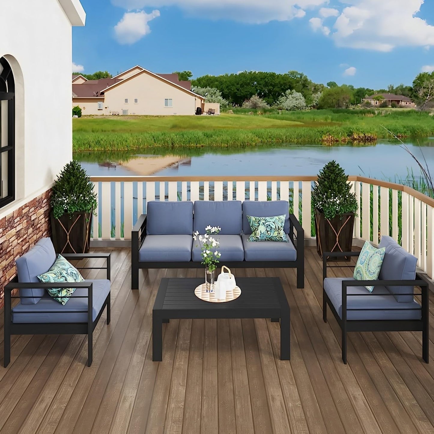CozyHom 3 Seats Aluminum Outdoor Patio Sofa Furniture Sets, Outdoor Aluminum Sofa Metal Conversation Sofa With Cushions, Blue