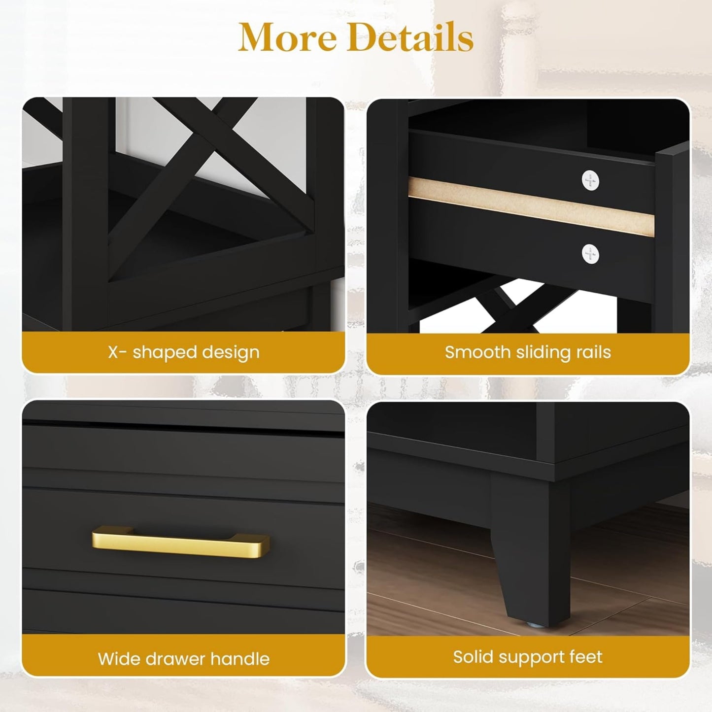 CozyHome Tall Nightstand Set of 1, Side Table with 2 Drawers and Open Shelf Below, Bedside Table with Solid Feet, Modern Night Stand End Table for Bedroom, Living Room, Home Office, Black