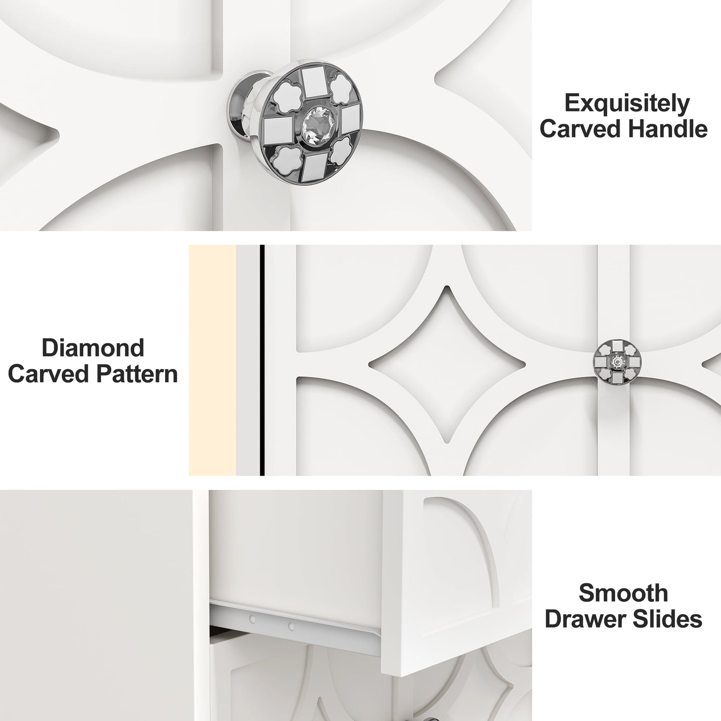 May in Color Large Nightstand with 2 Drawers, Modern Side Table with Charging Station and Diamond Carvings, Accent End Table for Living Room, Bedroom, Entryway, White, Set of 2