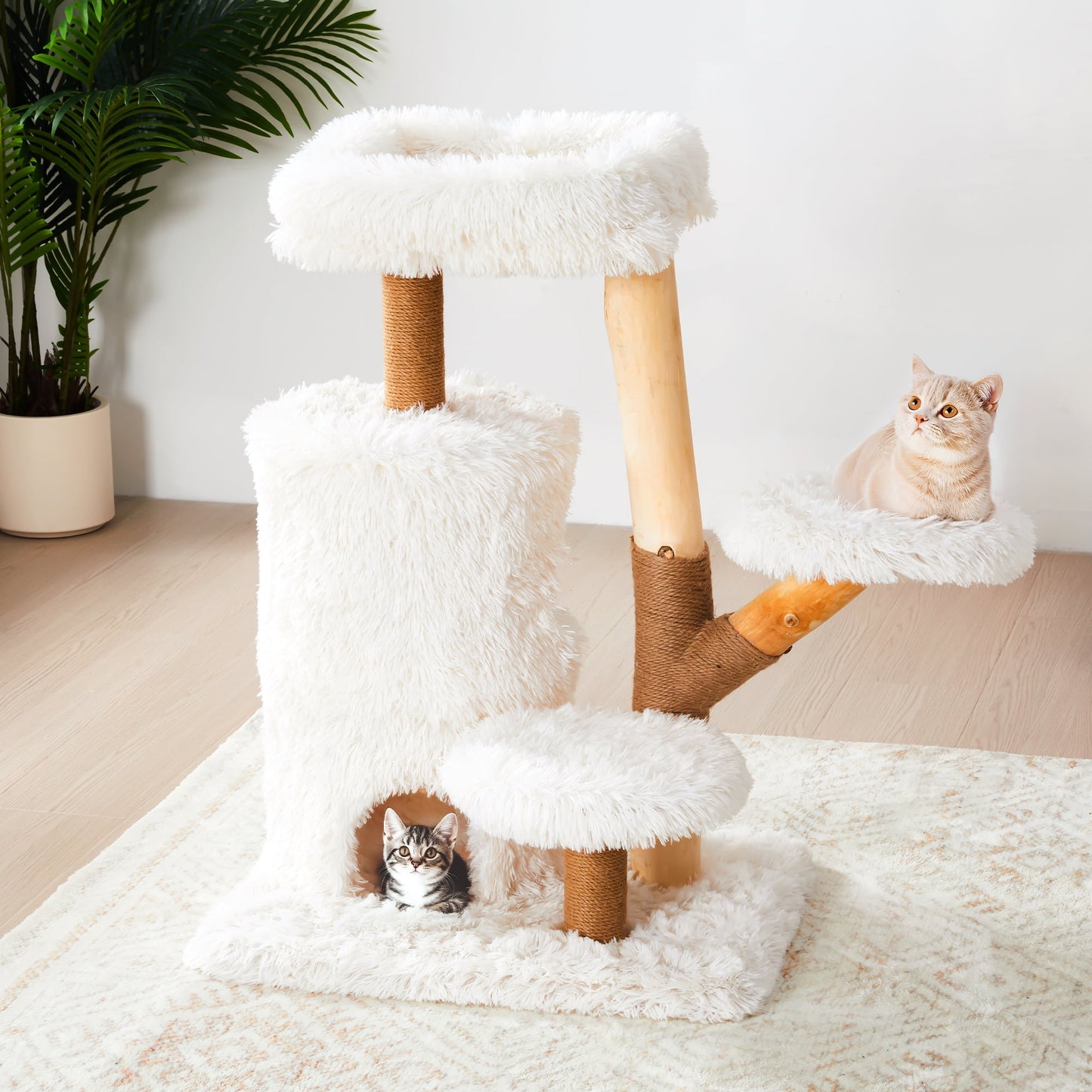 Heynemo 35-Inch Cozy Cat Tower with Scratch Posts, Two Cat Hideouts, Soft Pads, and Washable Cushion Cover,White