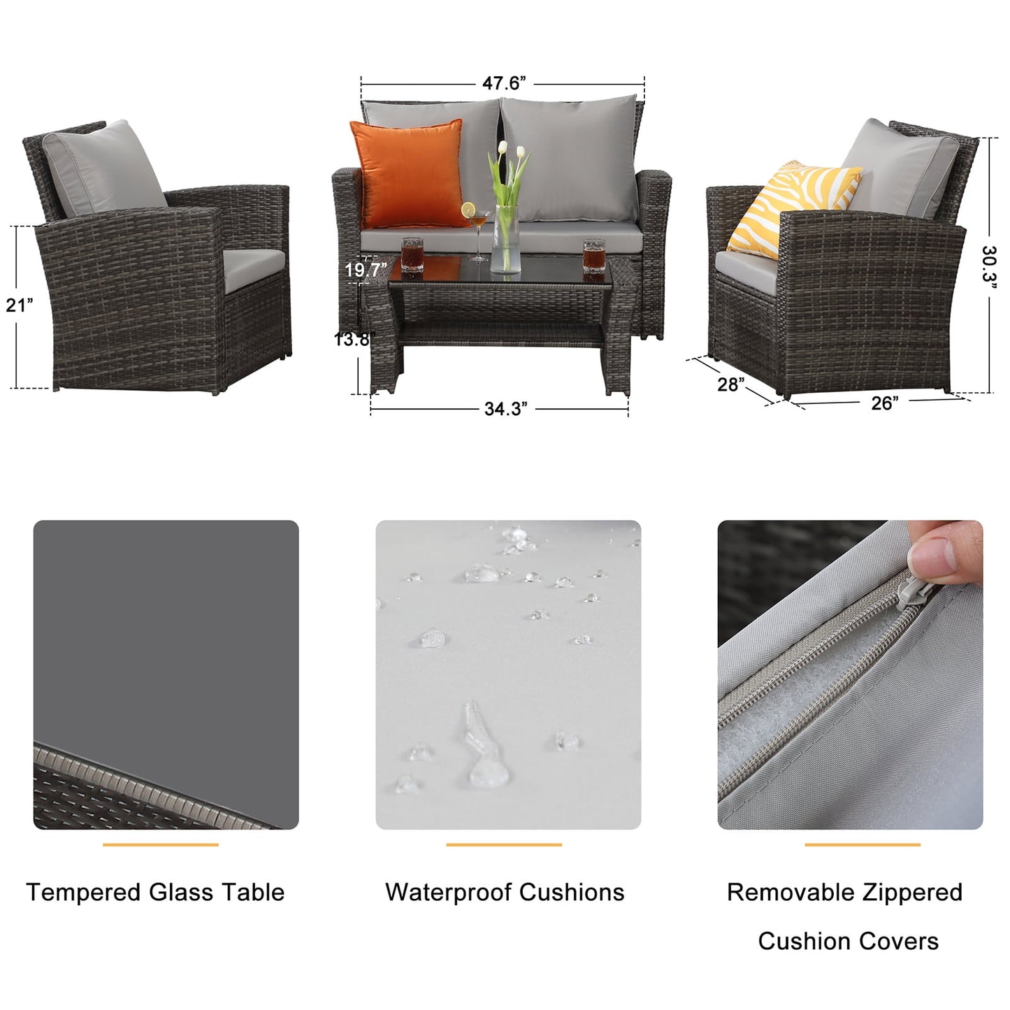 Superjoe 4 Piece Outdoor Patio Furniture Set Rattan Sectional Conversation Set, 4 Cushioned Seats, Gray, 4