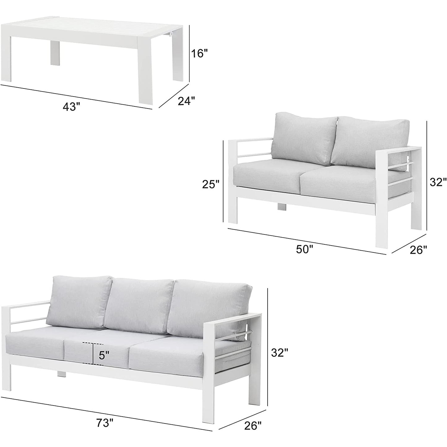 Heynemo Superjoe 7 Seats Outdoor Furniture Sofa Set Aluminum Patio Conversation Set With Coffee Table and 5 Inches Cushions, White