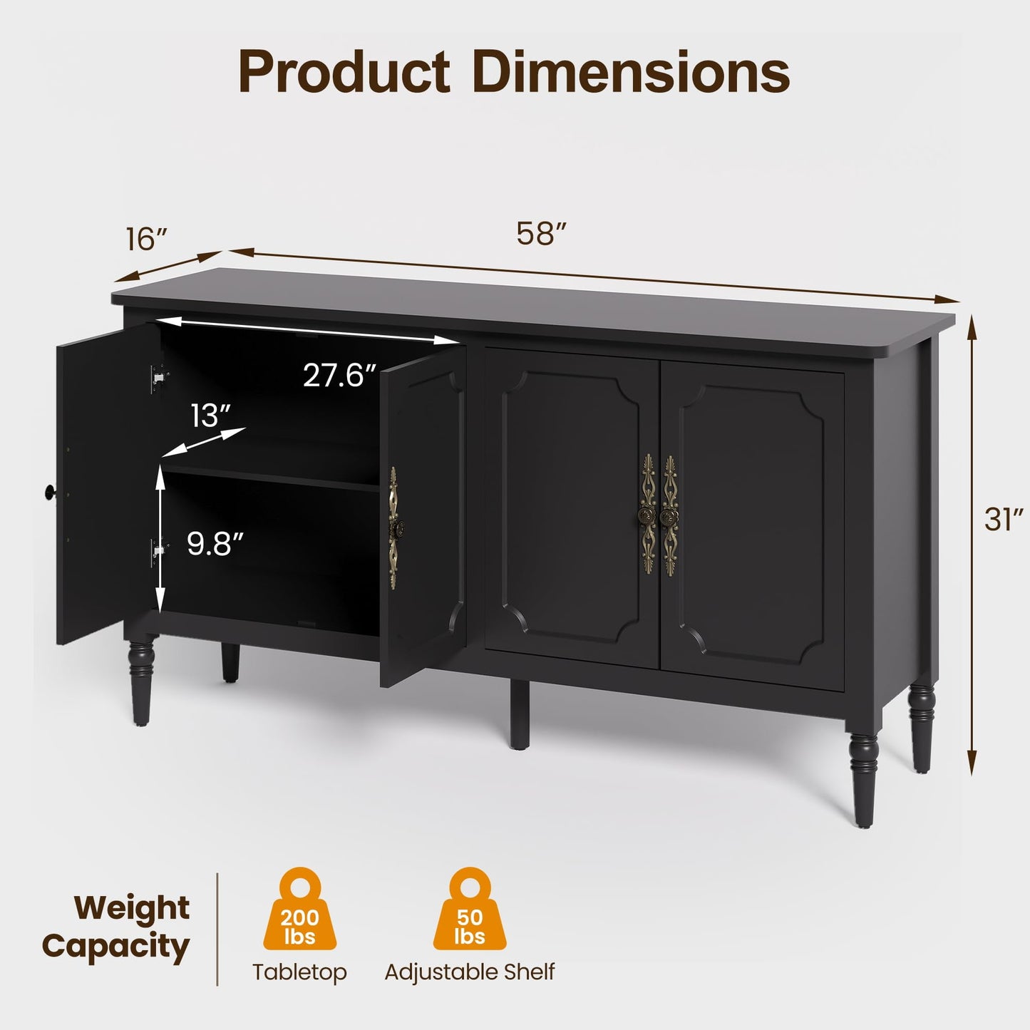 CozyHome Sideboard Buffet Cabinet with Storage, 58'' Mid Century Modern Storage Cabinet with 4 Doors and Adjustable Shelves, Accent Cabinet for Entryway, Dining Room, Living Room, Bedroom sideboard buffet cabinet with storage