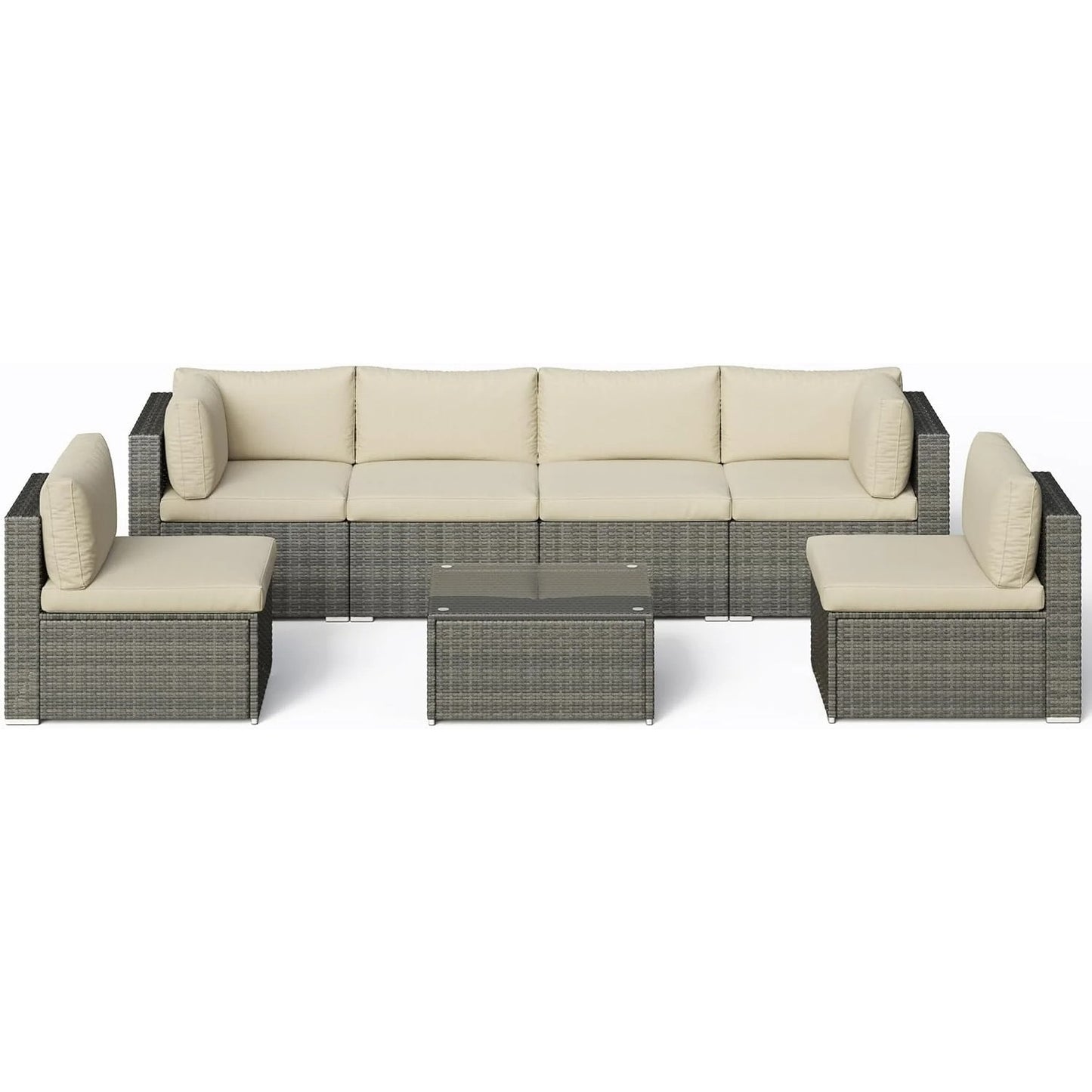 Heynemo Superjoe 7-Piece Modular Patio Furniture Set, Wicker Outdoor Sectional Sofa with Cushions and Coffee Table,Conversation Sets for Porch Balcony Backyard Patio,Beige