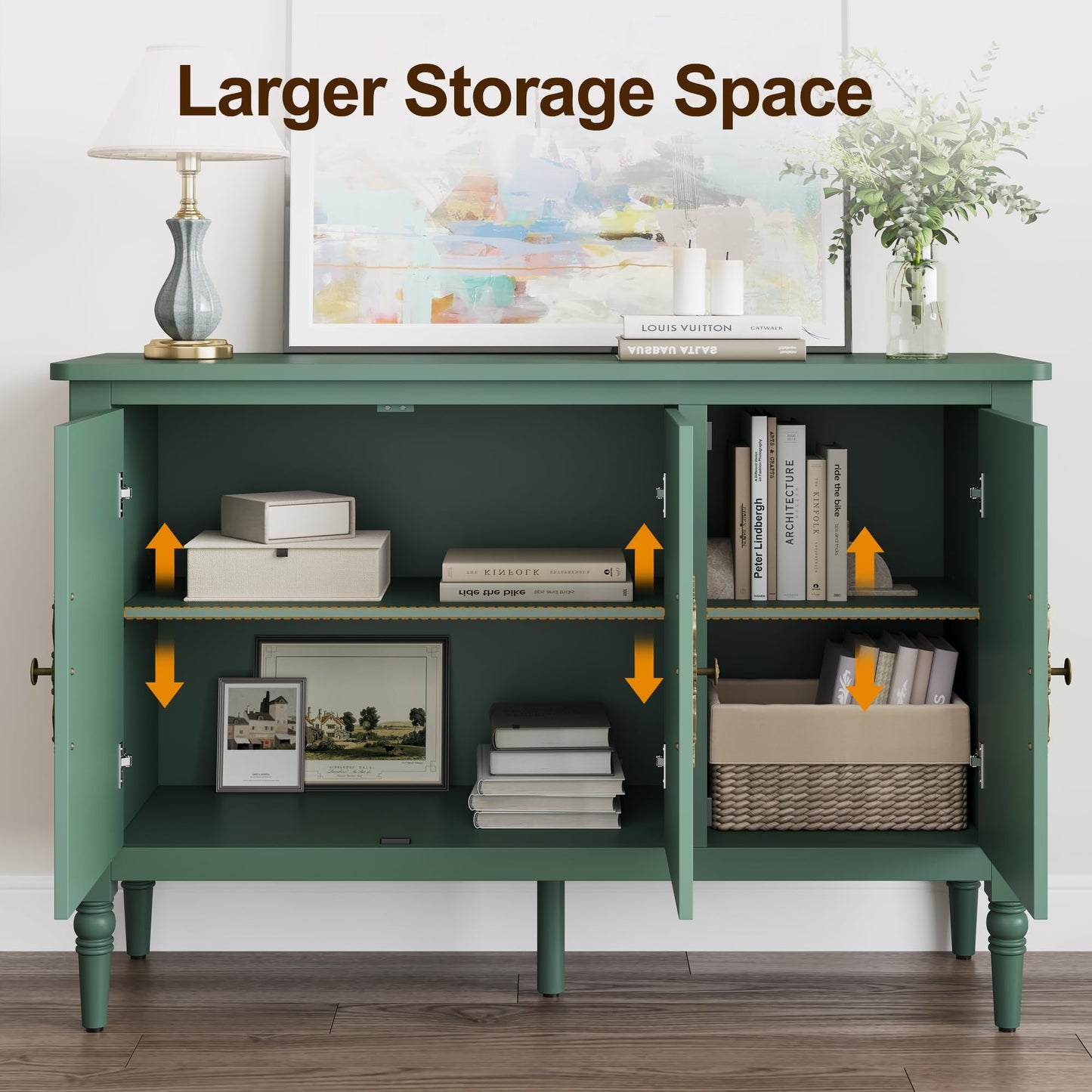 Heynemo 2 Piece Storage Cabinet with 3 Doors, Sideboard Cabinet with Adjustable Shelves, Wood Buffet Cabinet with Turned Legs, Accent Cabinet for Entryway, Living Room, Dining Room, Green