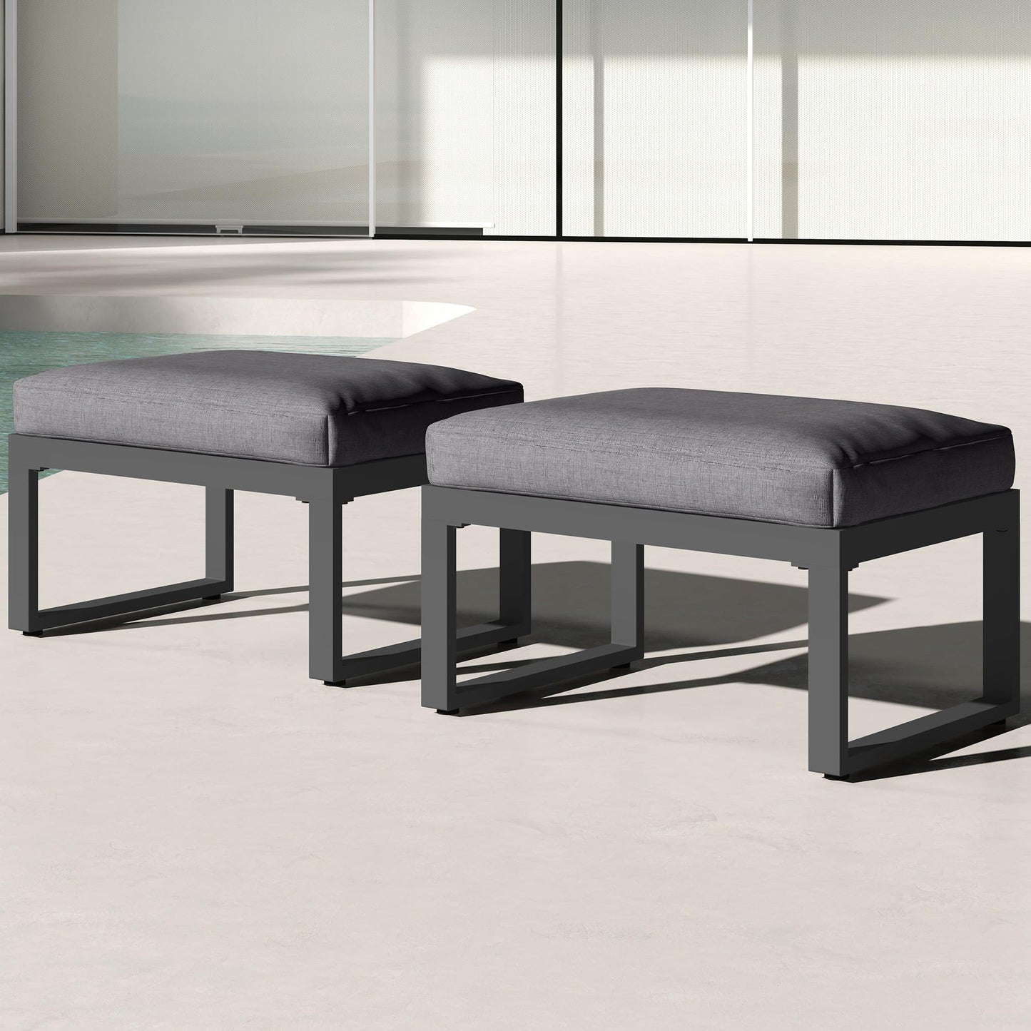 Heynemo 2 Pieces Aluminum Outdoor Patio Ottoman Set, Outdoor Foot Stools with Thick Cushion, Small Seat Furniture for Porch Balcony Backyard, Grey