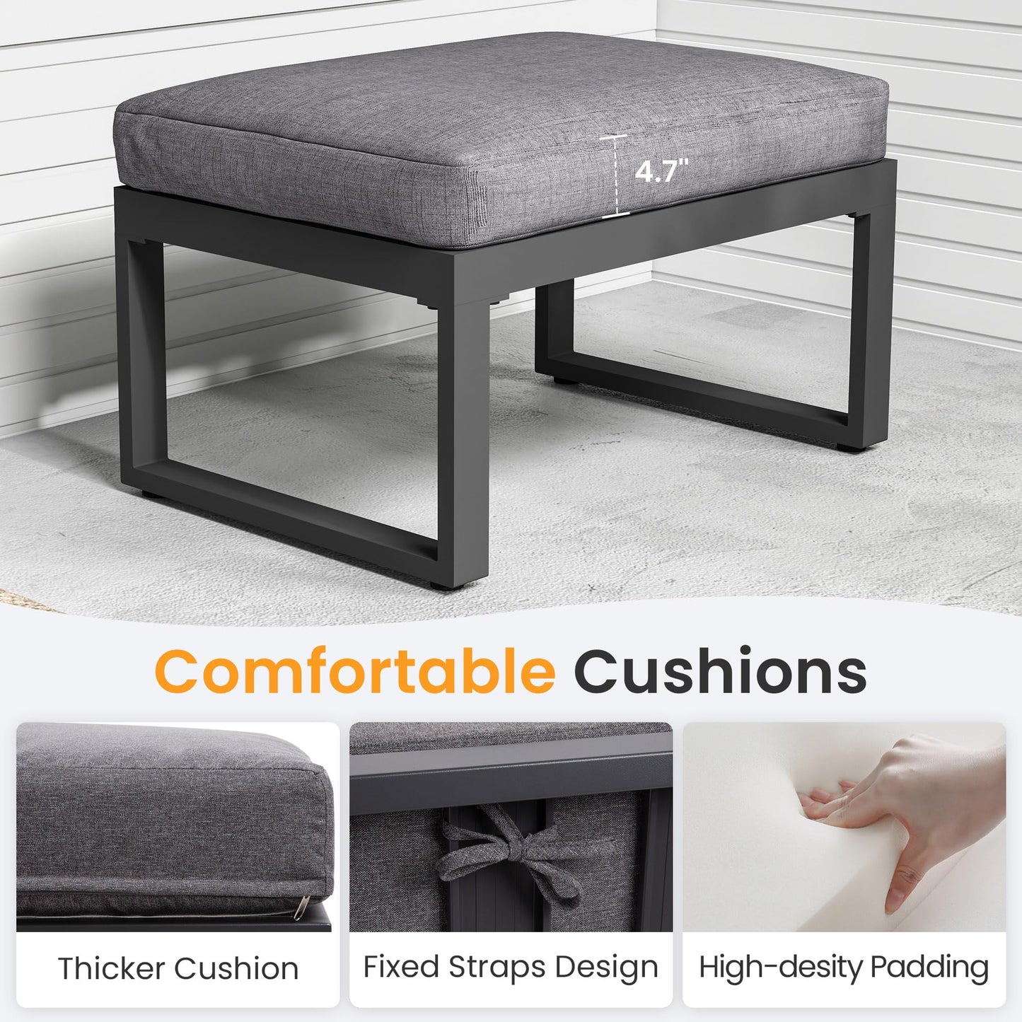 Heynemo 2 Pieces Aluminum Outdoor Patio Ottoman Set, Outdoor Foot Stools with Thick Cushion, Small Seat Furniture for Porch Balcony Backyard, Grey