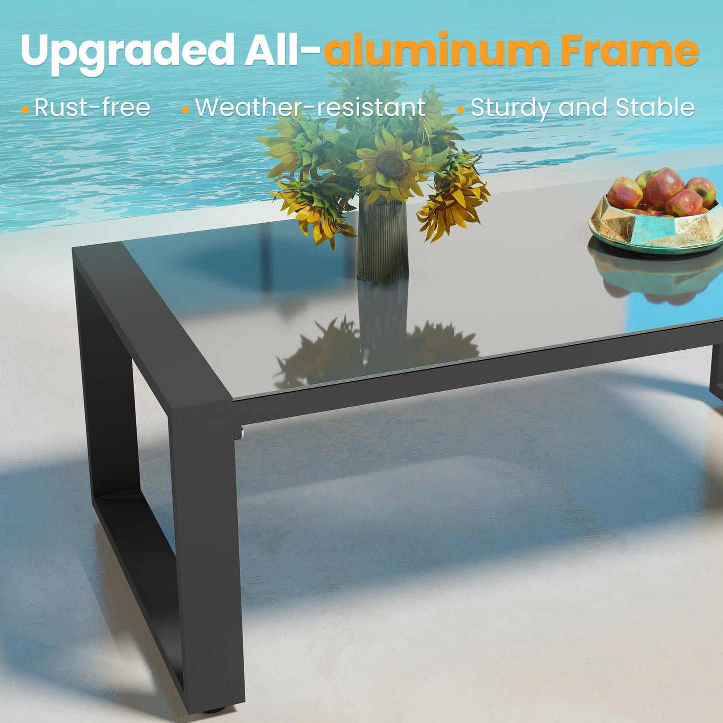 Heynemo Aluminum Outdoor Coffee Table, All-Weather Metal Rectangular Patio Side Table with Tempered Glass Top, Patio Tables for Porch Backyard Garden, Grey